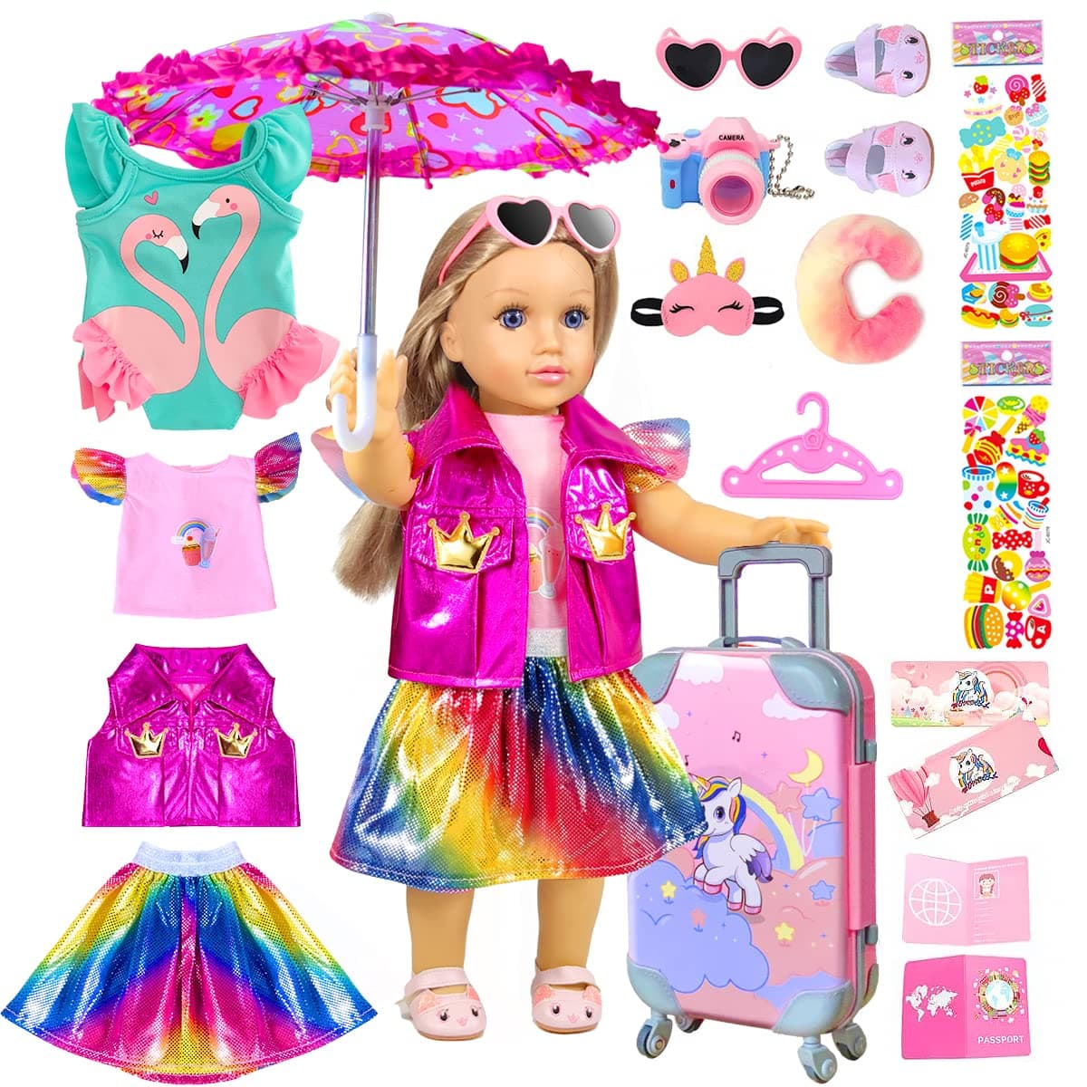 18-inch-Doll-Clothes and Travel Suitcase Play Set Accessories - Including Luggage, 2 Sets of Doll-Clothes and Shoes, Umbrella Sunglasses Camera Travel Pillow Blindfold Passport Tickets