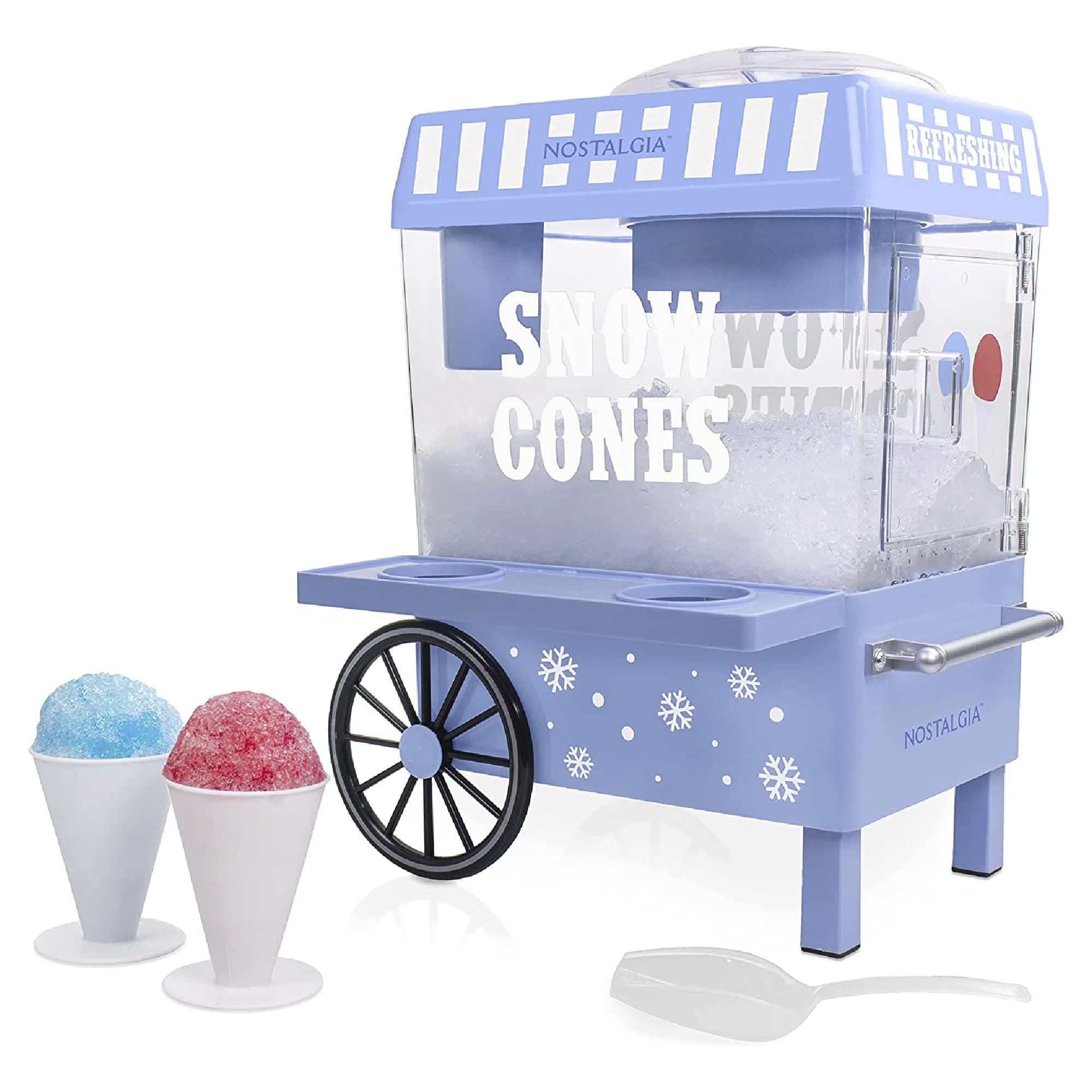 Nostalgia Snow Cone Shaved Ice Machine - Retro Table-Top Slushie Machine Makes 20 ICY Treats - Includes 2 Reusable Plastic Cups & Ice Scoop - Vintage Blue