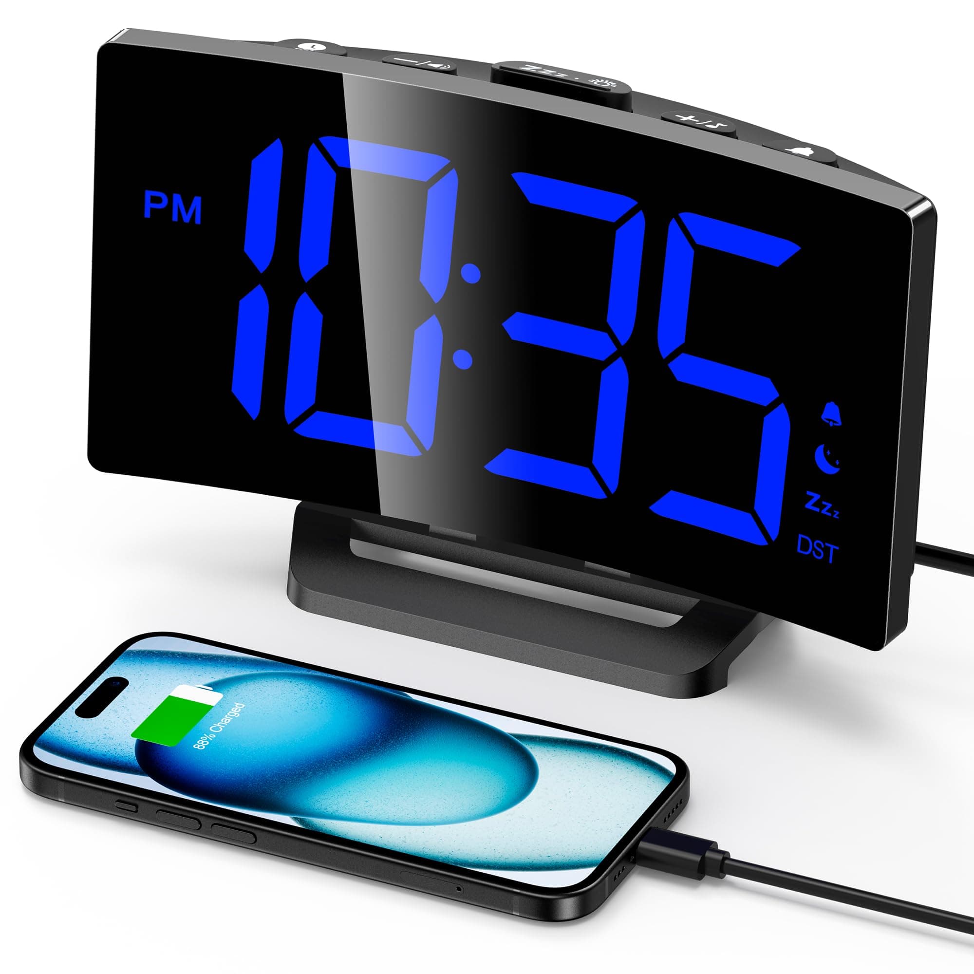 Digital Alarm Clock for Bedrooms with Modern Curved Design, Conspicuous Blue LED Numbers, 6 Levels Brightness, 2 Volume, 3 Alarm Tones, Snooze, Power-Off Memory, 12/24H, Bedside Clock