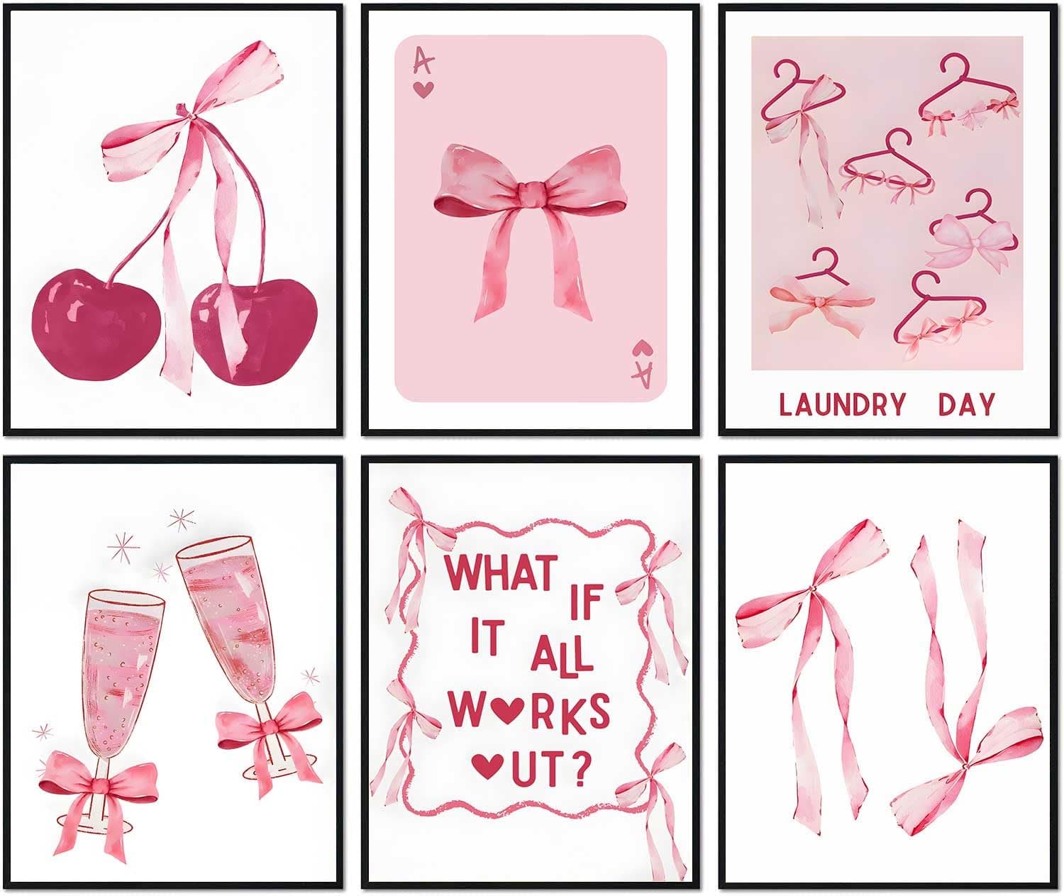 6Pcs Trendy Pink Bows Wall Art Coquette Posters for Room Decor Aesthetic Watercolor Light Pink Bow Canvas Prints Preppy Wall Decor Pictures for Girly College Apartment Decoration, Pink 8x10in poster