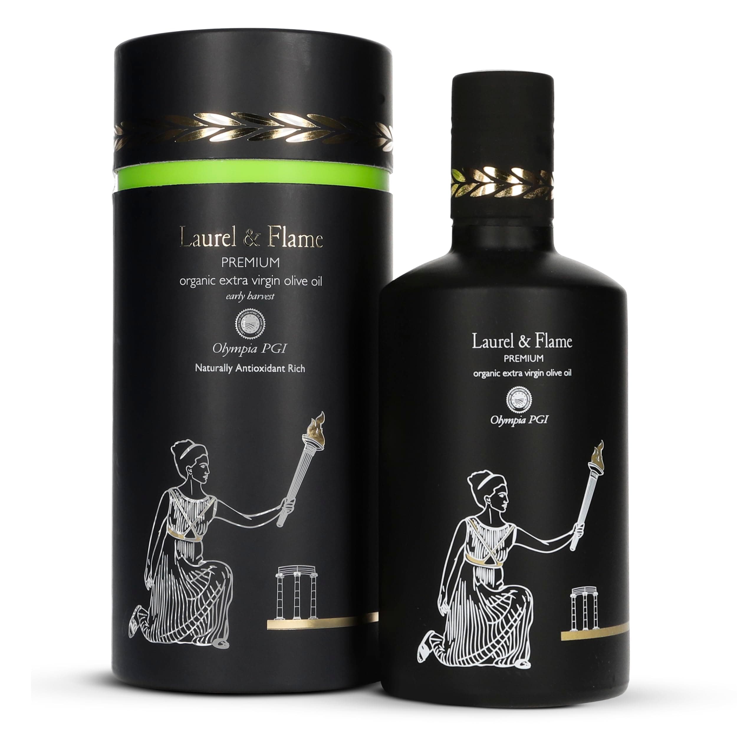 World's Best Gold Award - Laurel & Flame Olympia PGI Premium Olive Oil Extra Virgin - Polyphenol Rich (1029 mg/kg) - USDA Organic - Multiple Award Winning – 85X Hydroxytyrosols - Early Harvest - Cold Pressed (500 ml/16.9 fl oz)