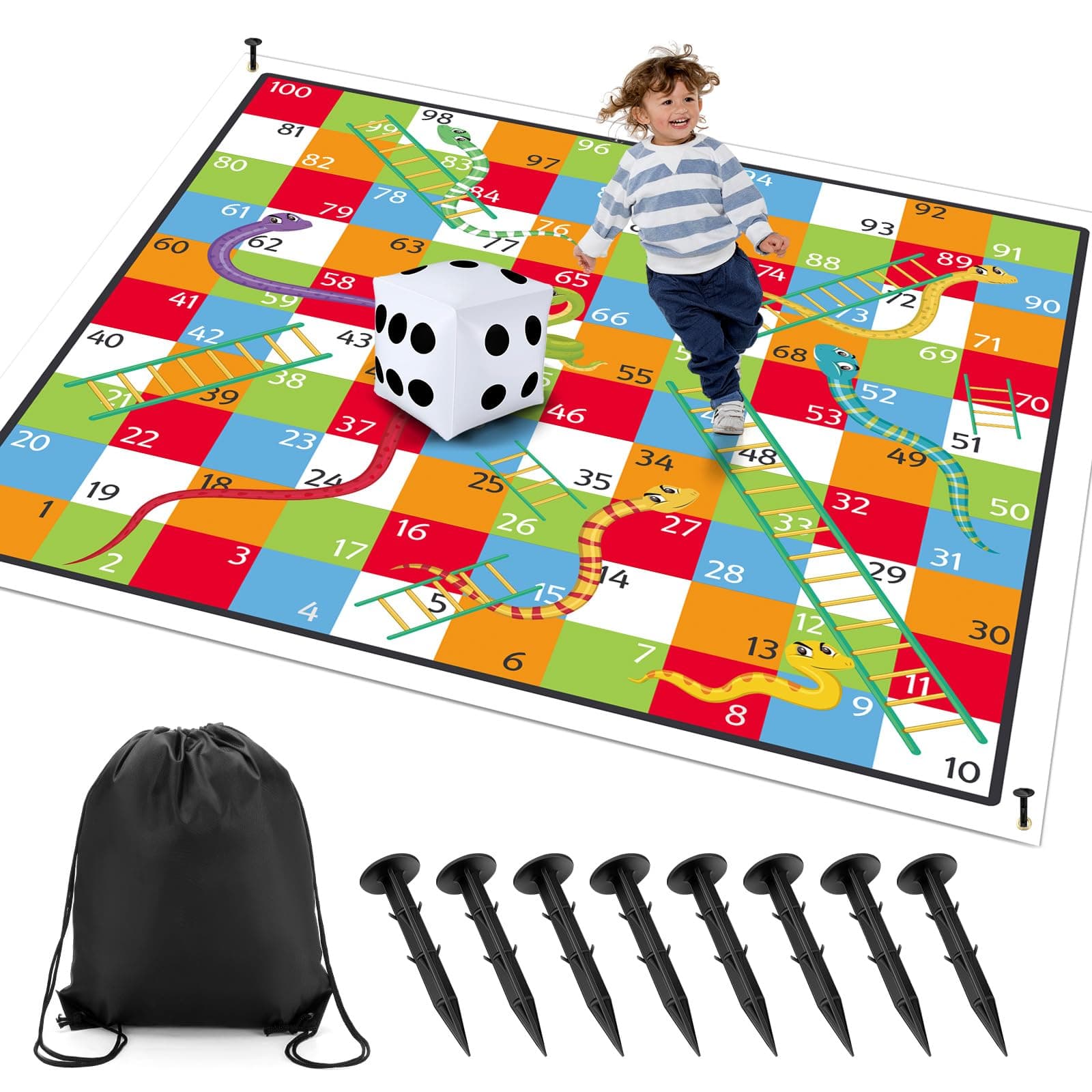 Realspring 9.8 ft Giant Snakes and Ladders Game Playing Mat with 6 Nails 14 Inch Inflatable Dice and Storage Bag Floor Snake and Ladder Board Game Big Size for Both Indoor and Outside
