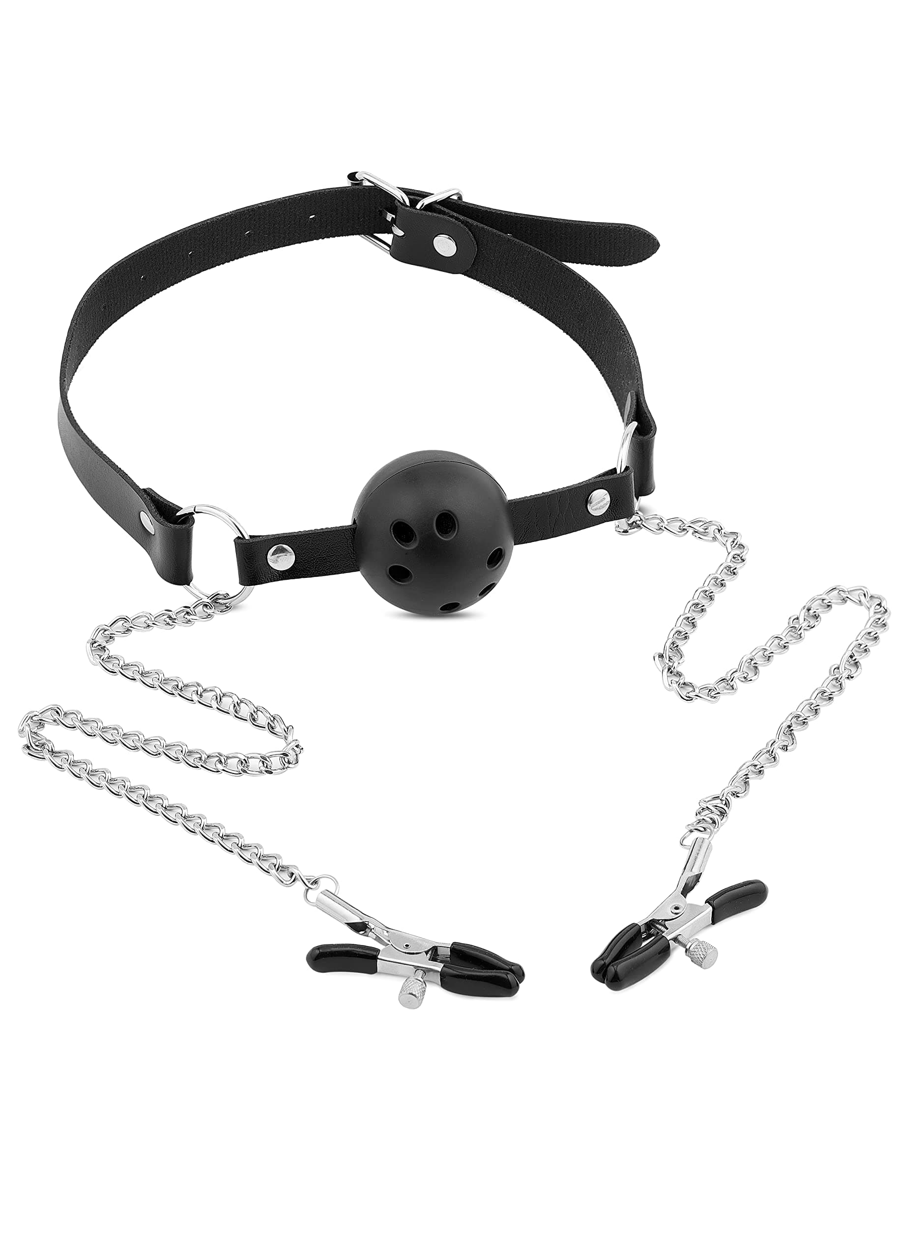 PASTOS Breathable Mouth Gag Ball - Open Mouth Plastic Ball - Mouth Plug Sex Play - Adjustable Mouth Ball Breathable - Breast Clips Non Piercing BDSM Play - Clips with Chain and Collar
