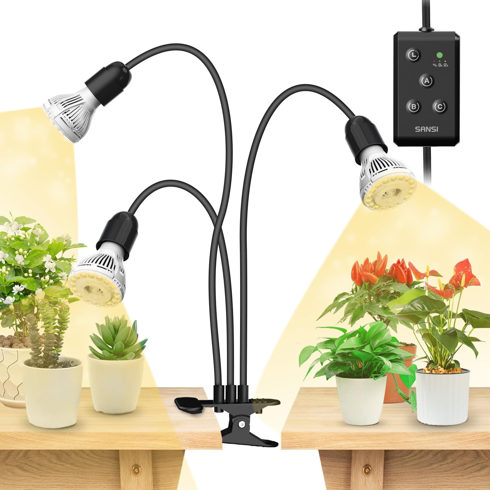 LED Grow Lights for Indoor Plants, Lifetime Free Bulb Replacement, 450W Full Spectrum with 3 Gooseneck Clips for Growing Plants, Plant Light with Timer