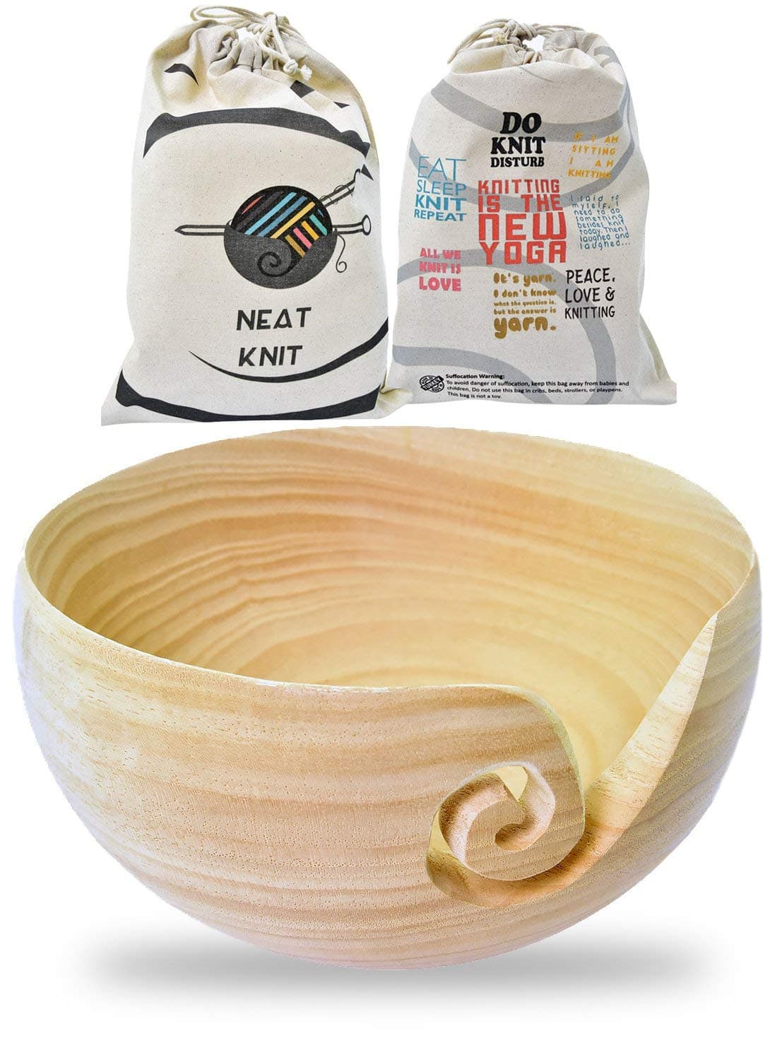 Yarn Bowl - Natural Handmade Wooden Bowl for Yarn Storage with Knitting and Crochet Bag by Neat Knit