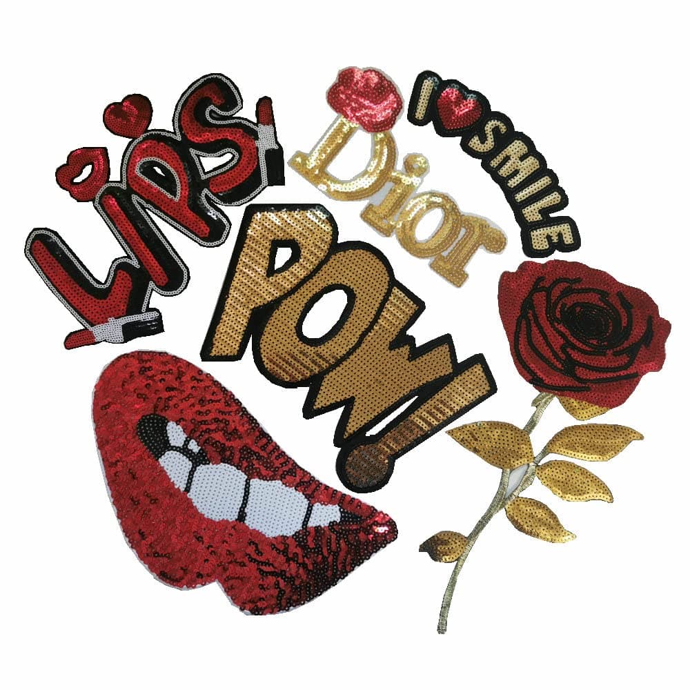 6 Pcs Embroidered Large Green Sequins Lip/Golden Red Rose/Letter Patches Sewing Patches Emblem Decals