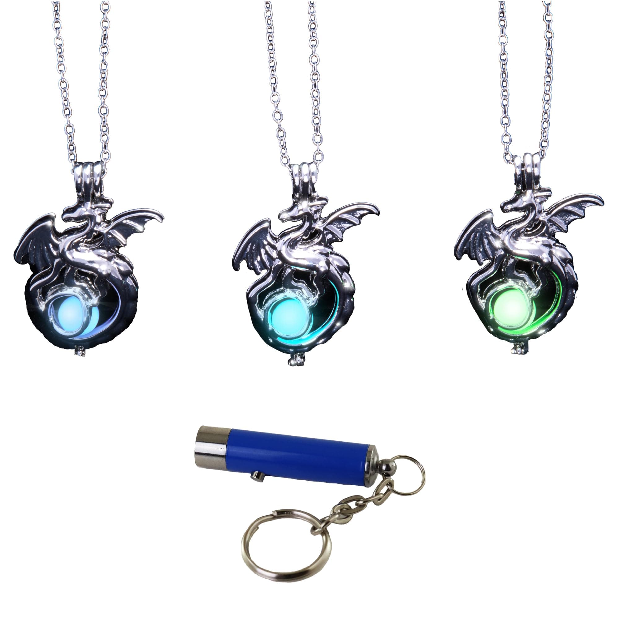 Fiery Dragon Wings of Fire Necklace for Boys & Girls Glow In The Dark Set of 3 Luminous Jewelry Green Blue & Sky Blue w/UV Light Merch.