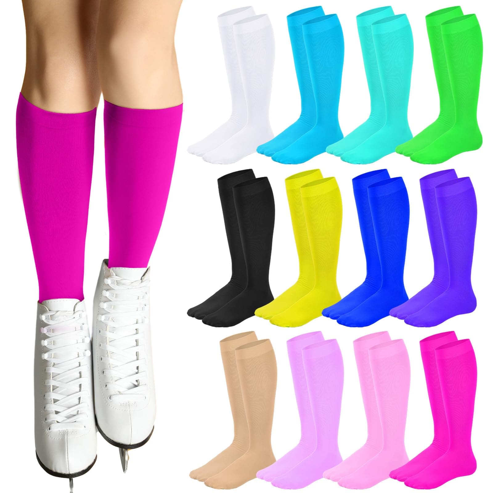 12 Pairs Figure Skating Socks Ice Skating Socks for Women Girl Roller Skate Stocking Light Opaque Stocking