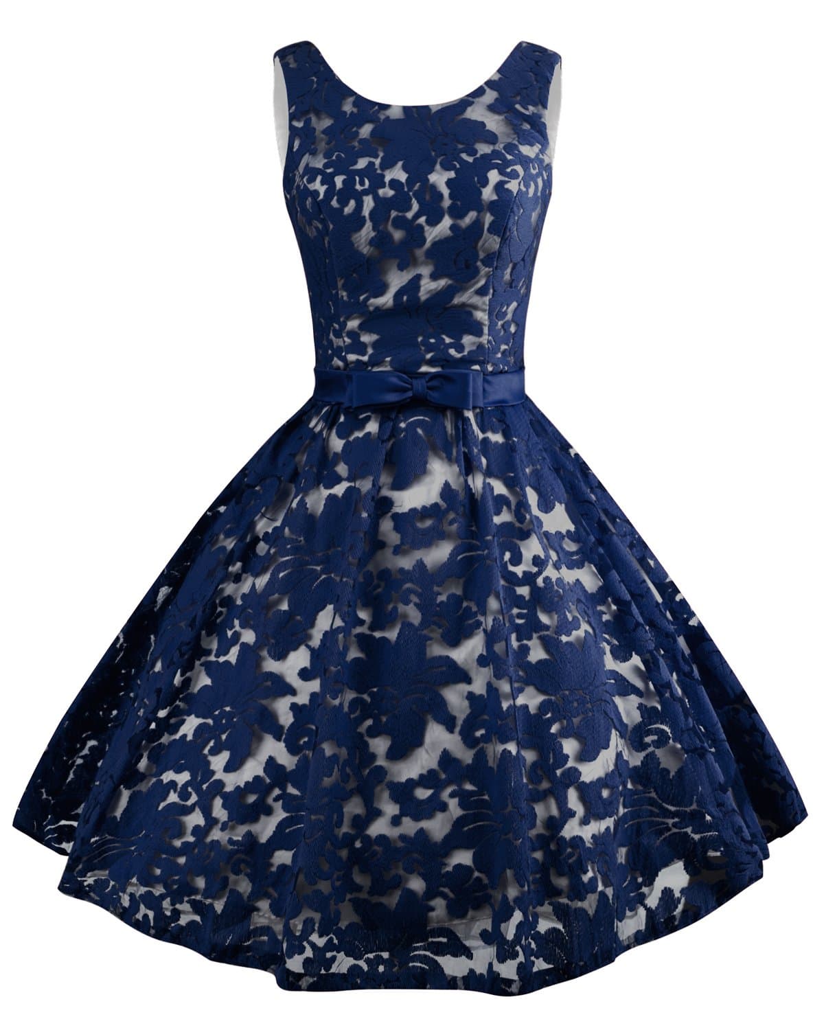 Levory J Women's Vintage Floral Lace Contrast Bow Cocktail Evening Dress(10, Navy Blue)