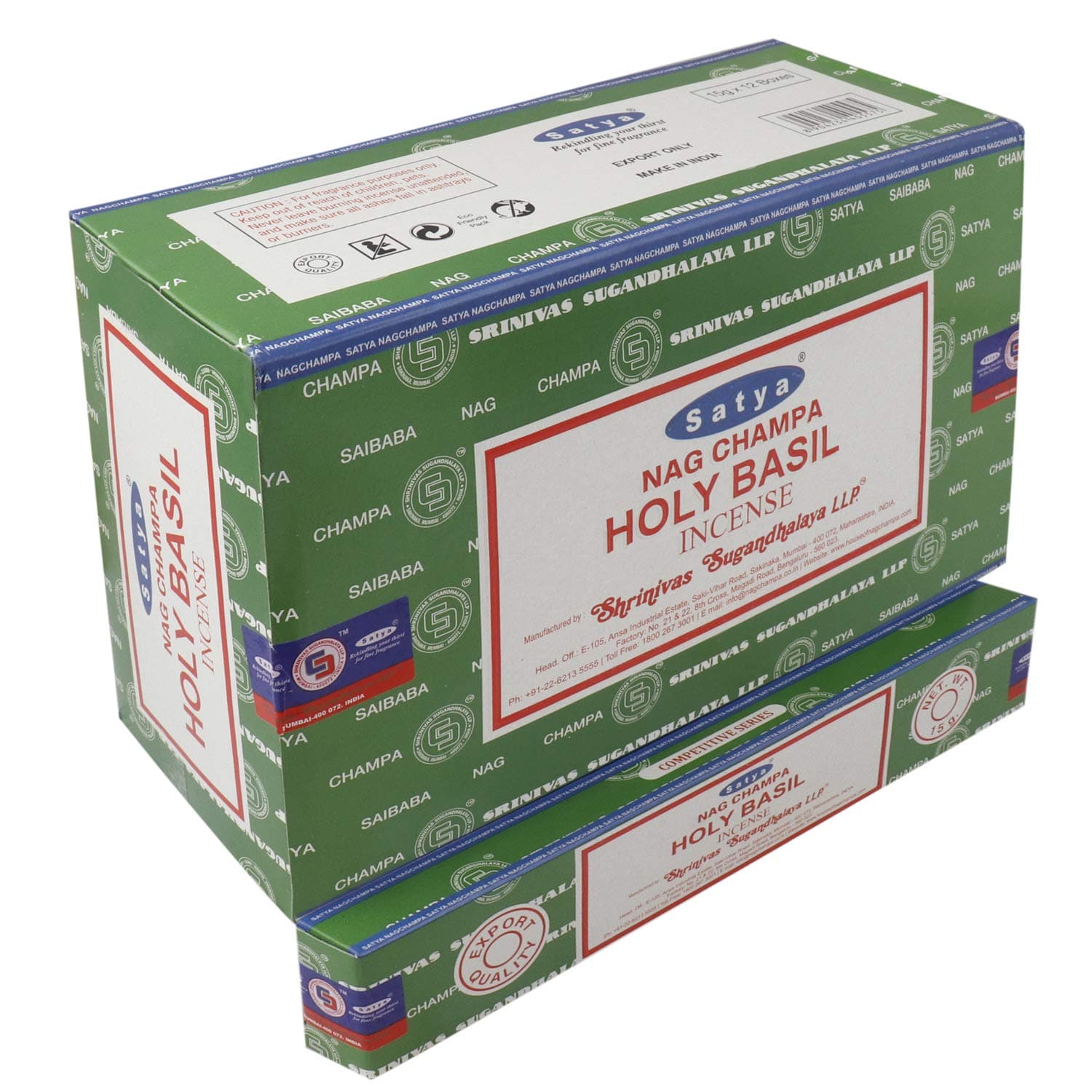 Satya Nag Champa Holy Basil Incense Sticks Agarbatti 180 Grams Box | 12 Packs of 15 Grams Each in a Box | Free Wooden Stand | Export Quality