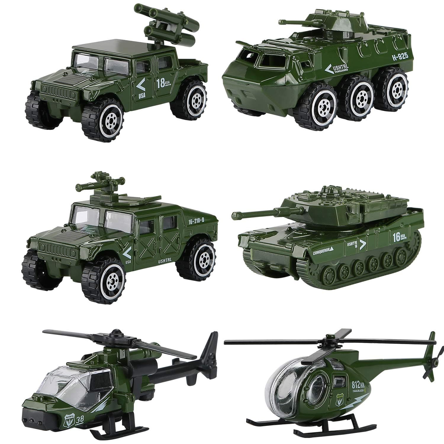 Hautton Diecast Military Toy Vehicles, 6 Pack Alloy Metal Army Toys Model Cars Playset Tank, Jeep, Panzer, Attack Helicopter, Anti-air Vehicle, Scout Helicopter for Kids Boys Toddlers