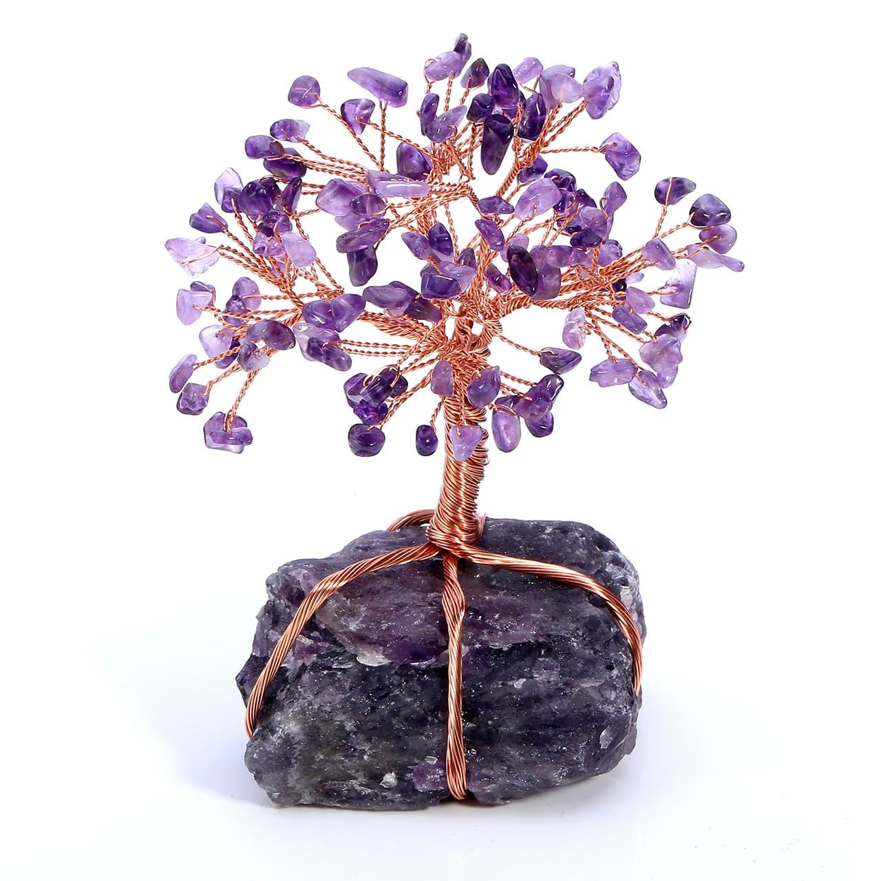 Natural Crystal Tumbled Stones Life Tree Ornament, Reiki Healing Money Tree Feng Shui Gemstone Decor (Amethyst)