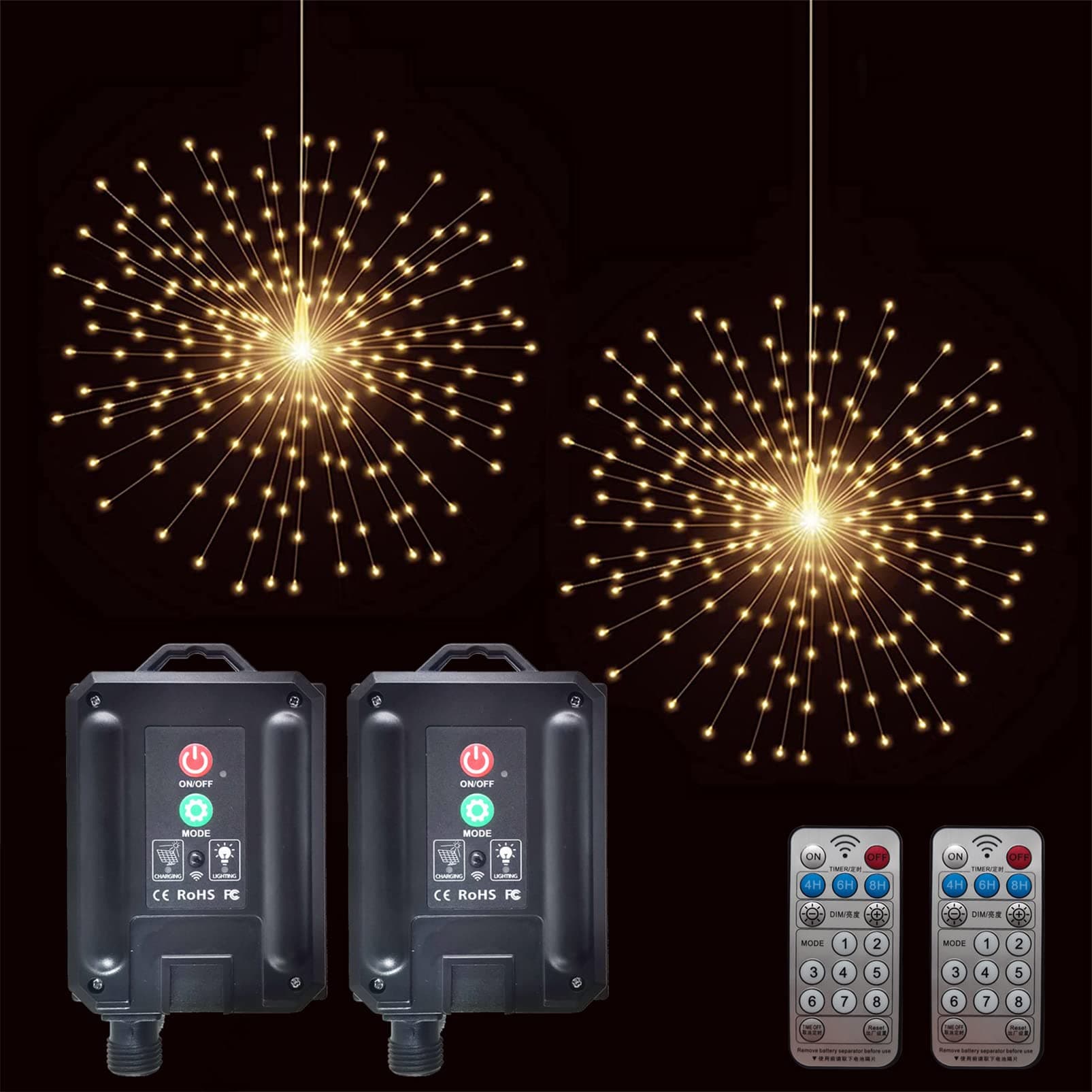 2 Pack Starburst Sphere Lights with Remote Control,200 LED Firework Light, 8 Modes Dimmable Waterproof Copper Wire Hanging Fairy Light for Patio Parties Christmas (Solar Powered)