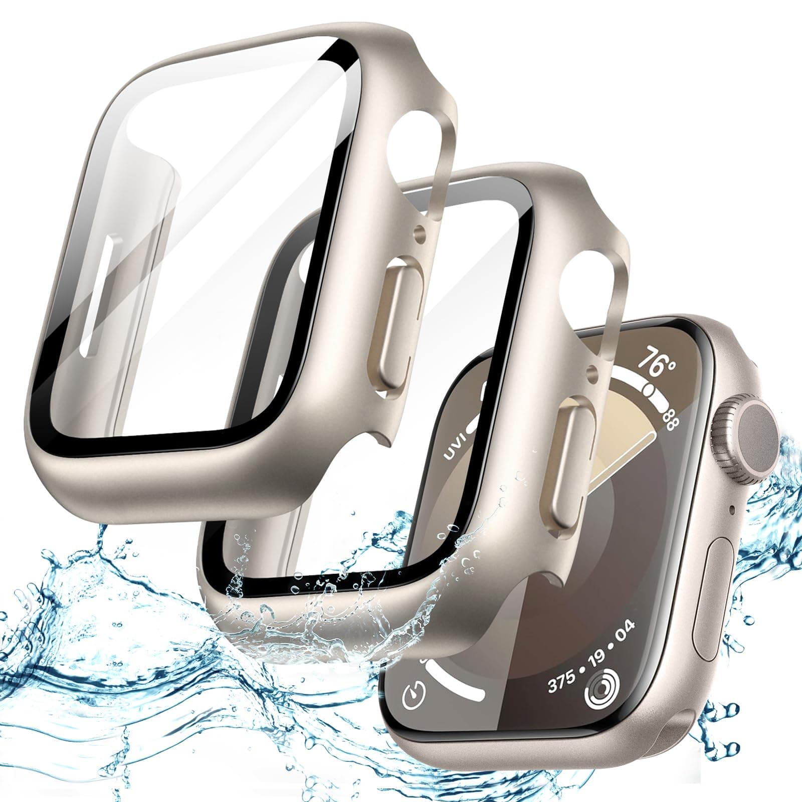 JETech Waterproof Case with Screen Protector for Apple Watch Series 9 8 7 41mm, Built-in Tempered Glass Film Hard PC Bumper Full Protective Cover, 2 Pack (Starlight)