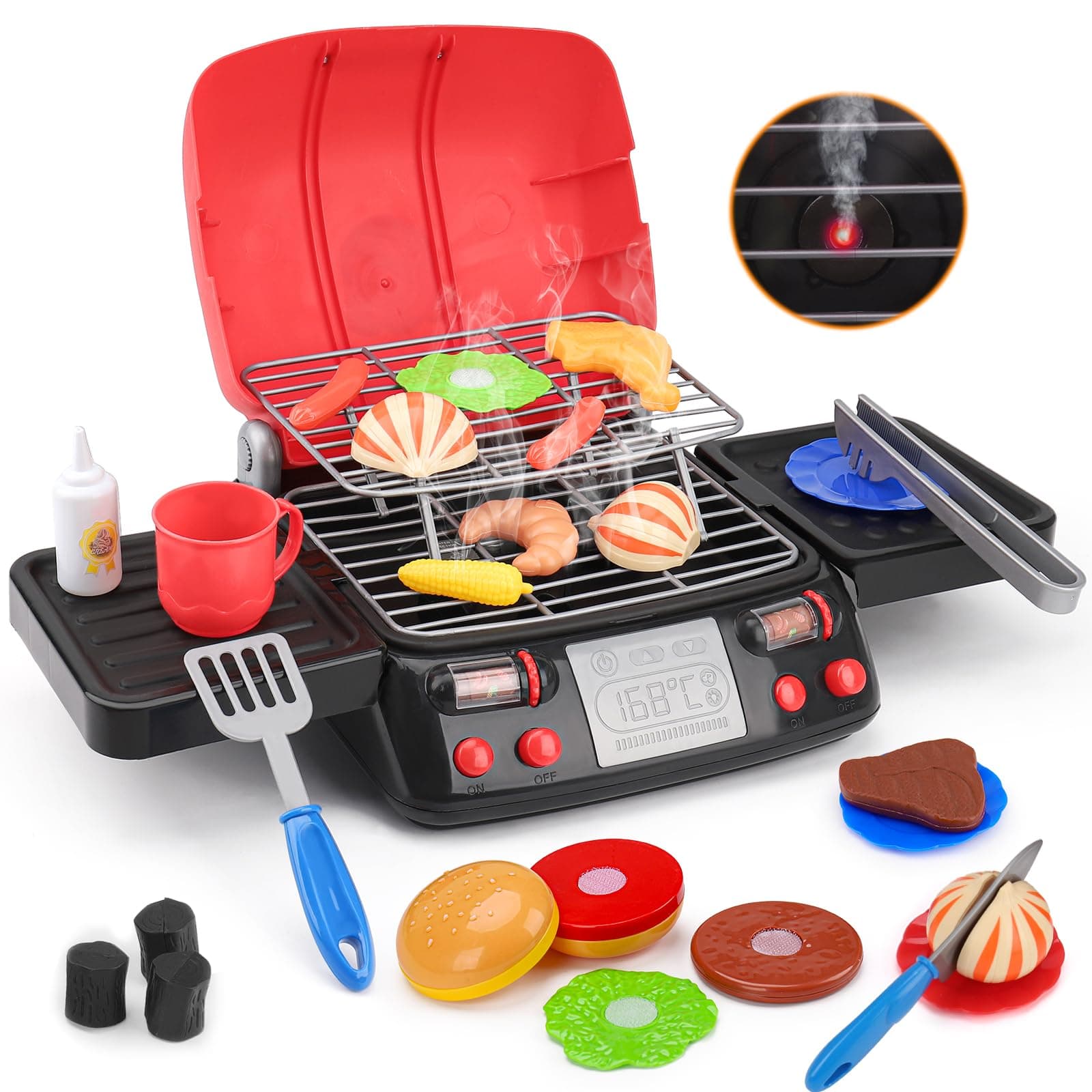 - Kids Play Food Grill with Pretend Smoke Sound Light Kitchen Playset BBQ Accessories Camping Cooking Set Barbecue Toddler Girl Boy Toy 2 3 4 5 6 Year Old 4-8 Birthday Kid Toy Idea