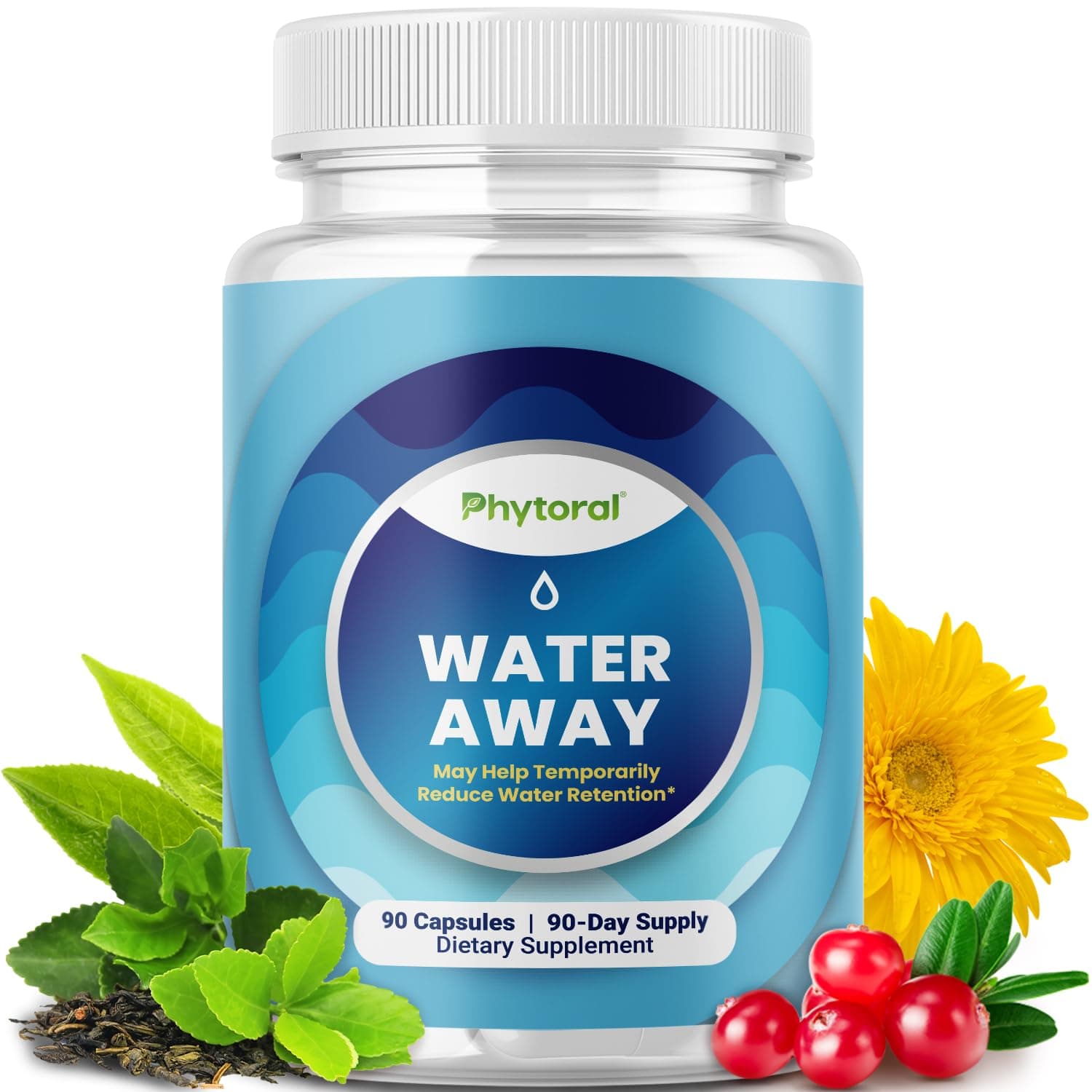 Water Away Diuretic Pills - Natural Water Weight Loss Support for Men and Women Fast Acting Bloating Swelling Relief Supplement - Pure Vitamin B6 Dandelion Green Tea Extract 90 Capsules by Tevare