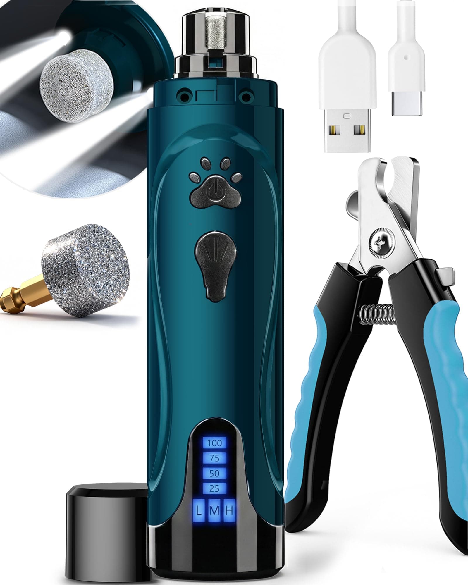 YABIFE Dog Nail Trimmers and Dog Nail Clippers Kit, Whisper Quiet Electric Grinder with Light, for Small, Medium, Large Dogs, Cats Toenail Grooming, 3 Speeds