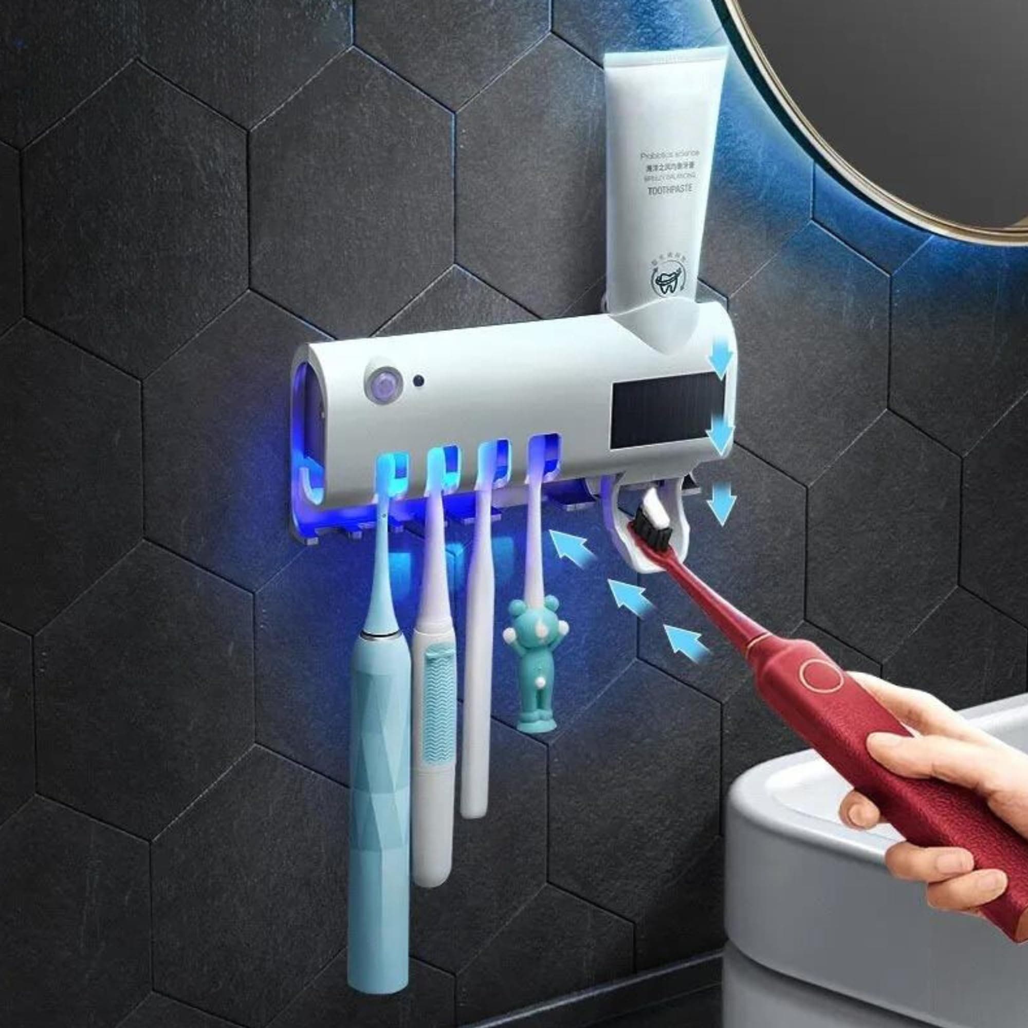 UV Toothbrush Sanitizer, Tooth Brush Sterilizer Cleaner Smart Toothbrush Holder Wall Mounted/Sterilization Rechargeable Solar Power Bathroom Toothbrush Dispenser Without Drilling Fit 99% Toothbrushes