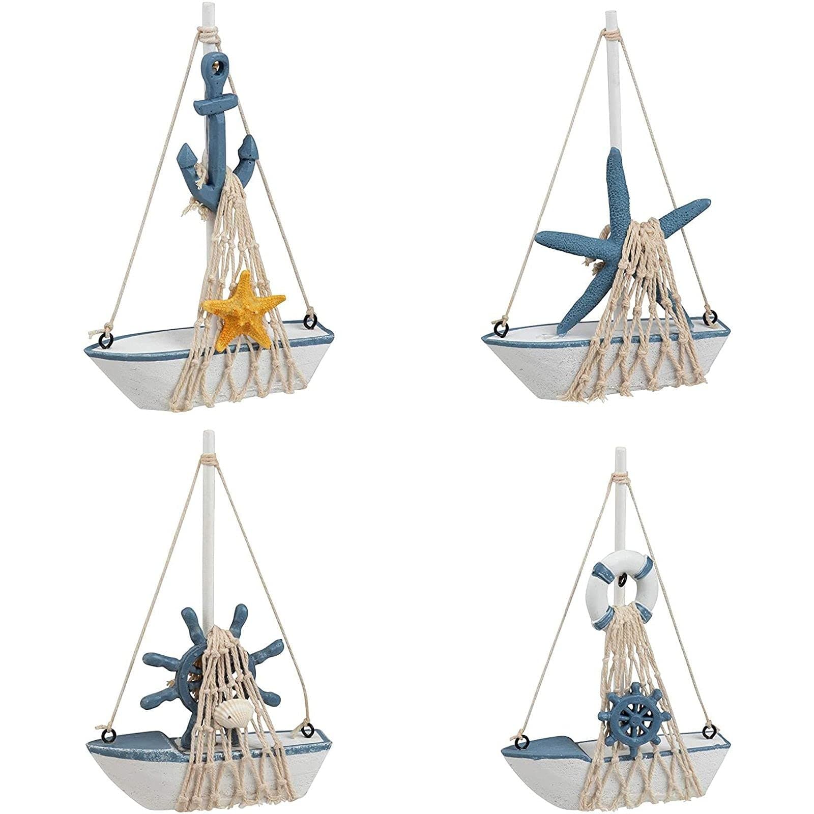 Juvale Mini Sailboat Model Decoration - 4-Piece Wooden Miniature Sailing Boat Home Decor Set, Beach Nautical Design, Navy Blue and White, 4.4 x 6.8 x 1.25 Inches