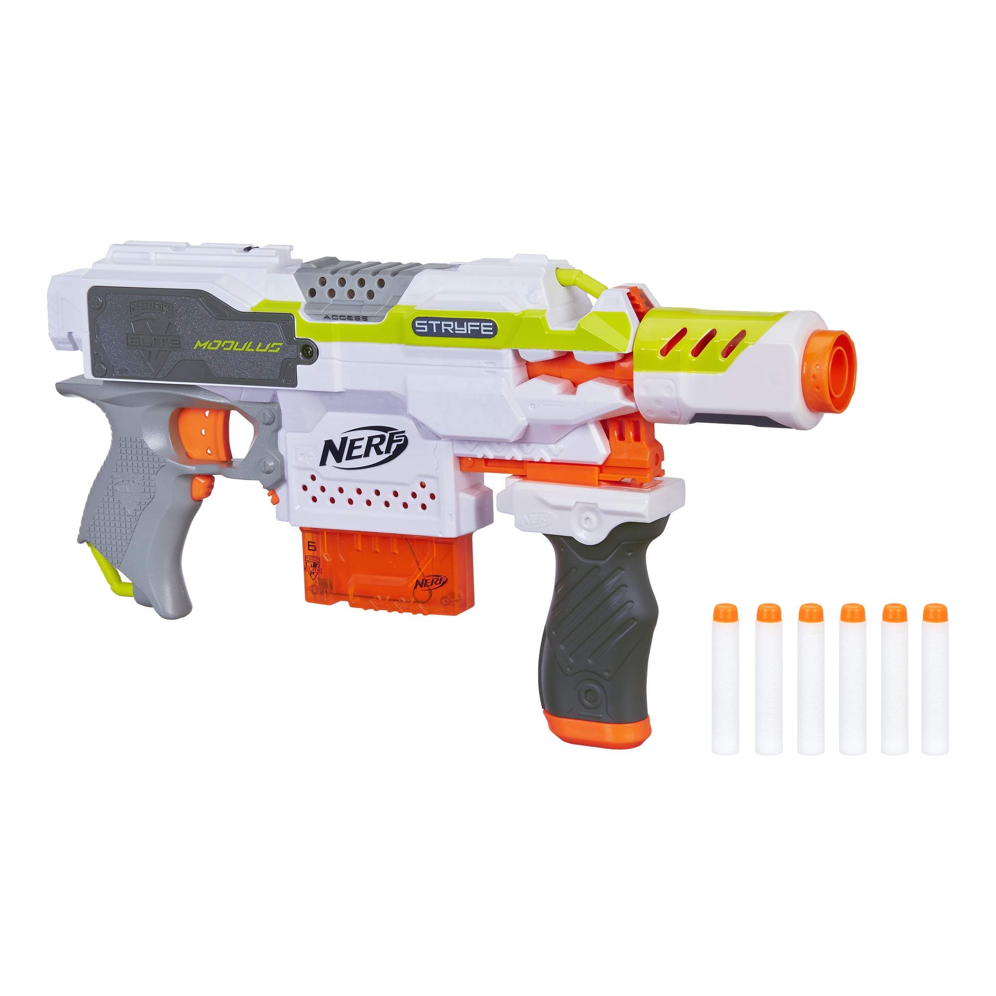 Modulus Stryfe Blaster, White, Motorized 6-Dart Blasting, Customizable with Drop Grip and Dual-Rail Barrel, Ages 8+