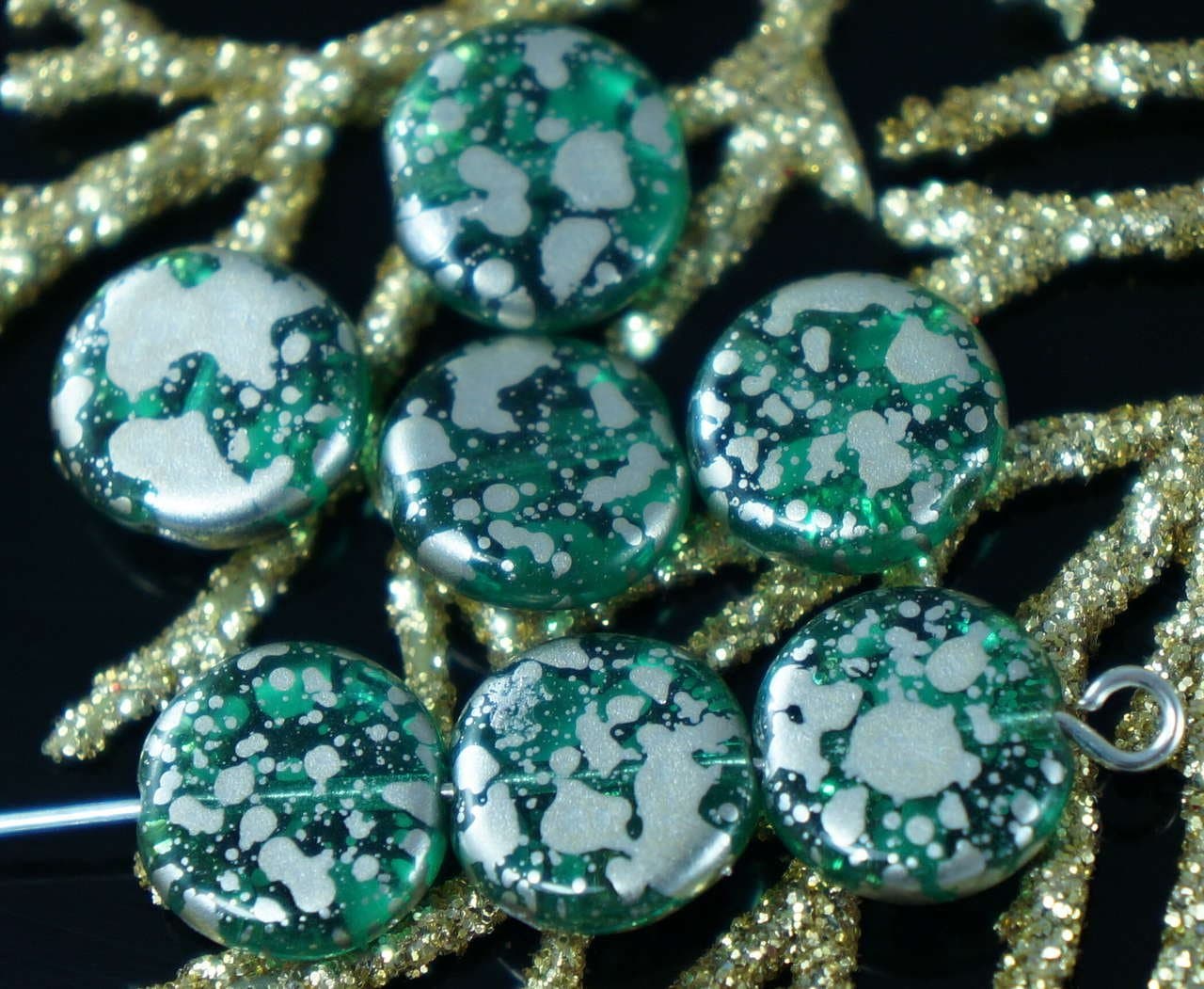 Clear Emerald Green Silver Spotted Czech Glass Flat Round Coin Beads 10mm 16pcs