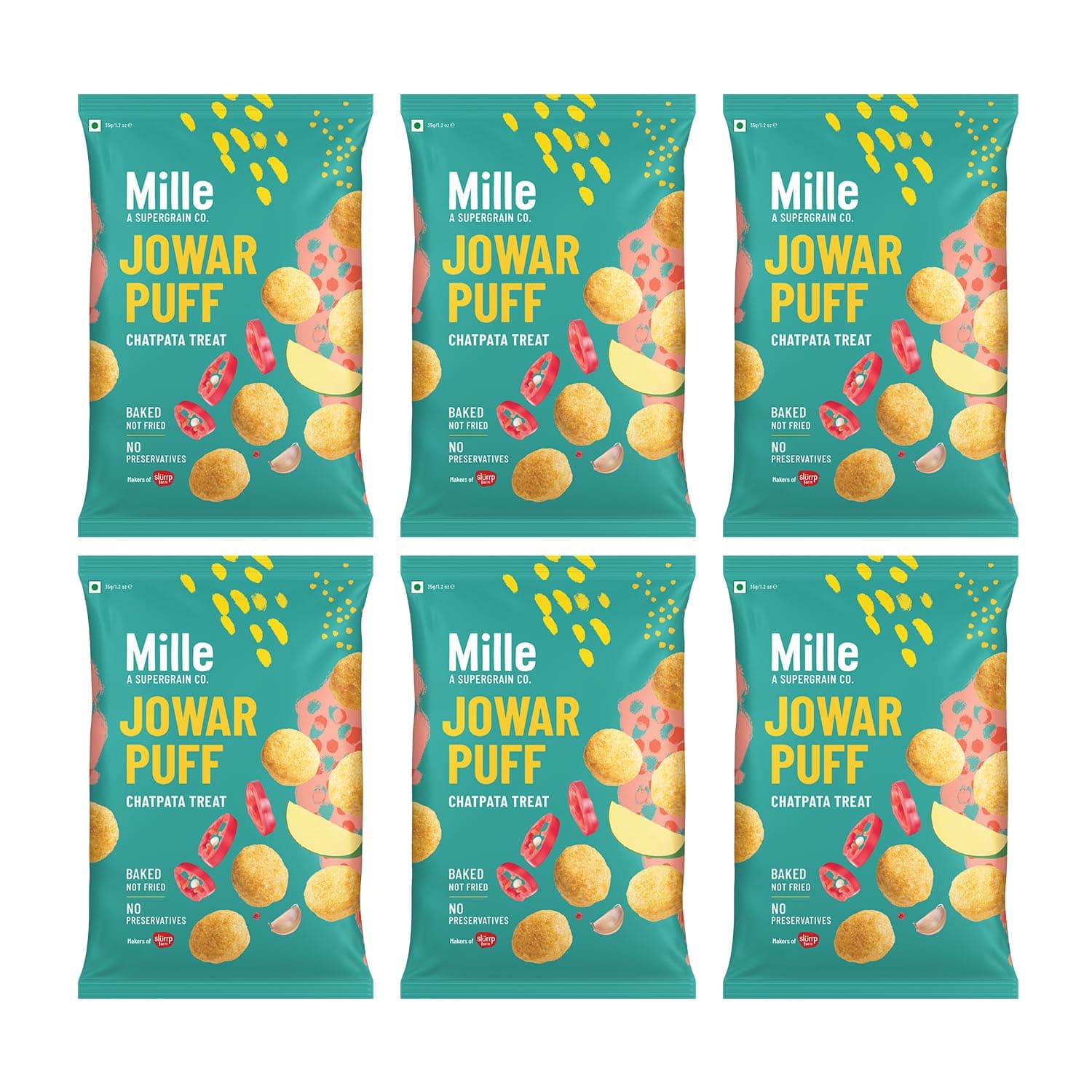 Mille Jowar Puffs Chatpata Treat | 36% Millets | Baked | No Palm Oil | 0 Preservatives | Healthy Millet Snacks | Naturally Gluten Free | 35g x 6