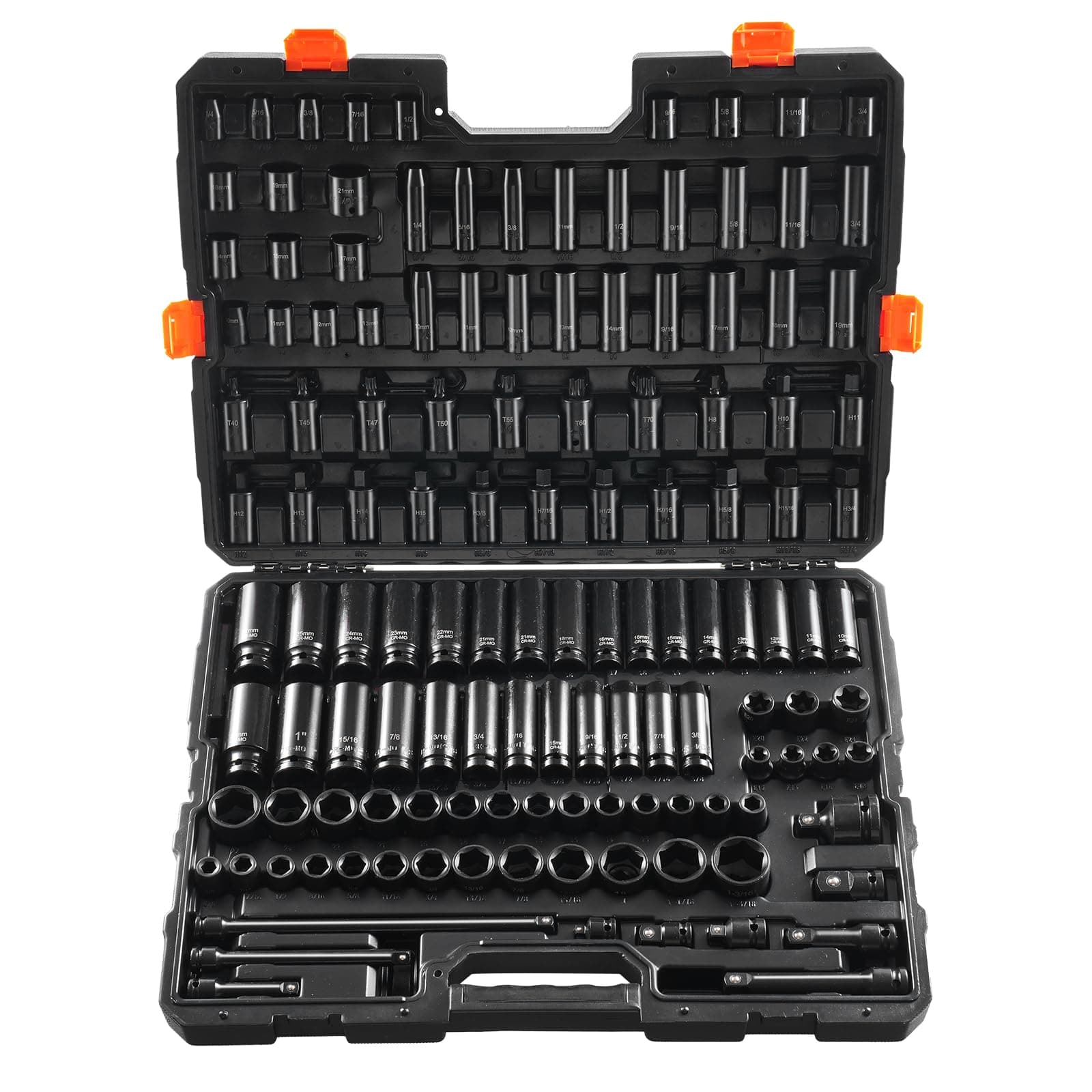 Impact Socket Set 130 Piece 3/8" & 1/2" - SAE & Metric Drive Socket Set - 6 Point Cr-Mo Alloy Steel for Auto Repair - Easy-to-Read Size Markings - Includes Storage Case