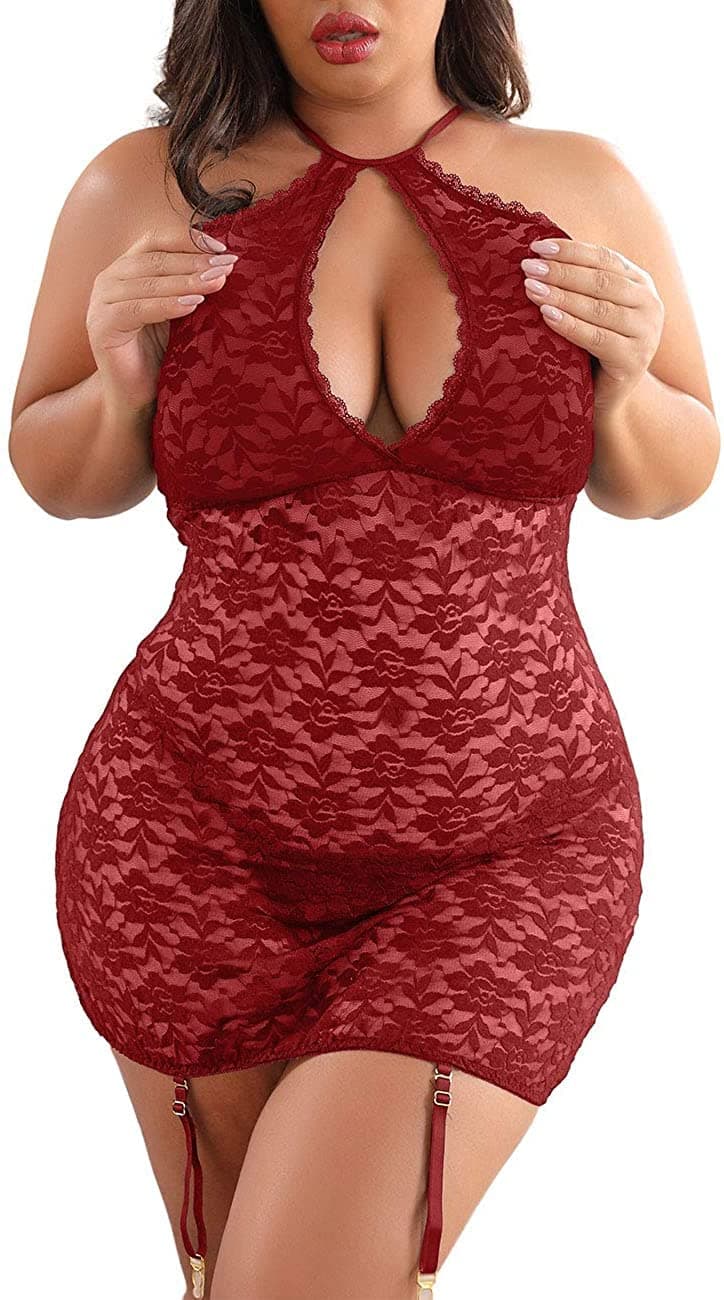 XAKALAKA Women's Halter Plus Size Lace Lingerie Keyhole Mesh Stretch Babydoll Chemise with Garters