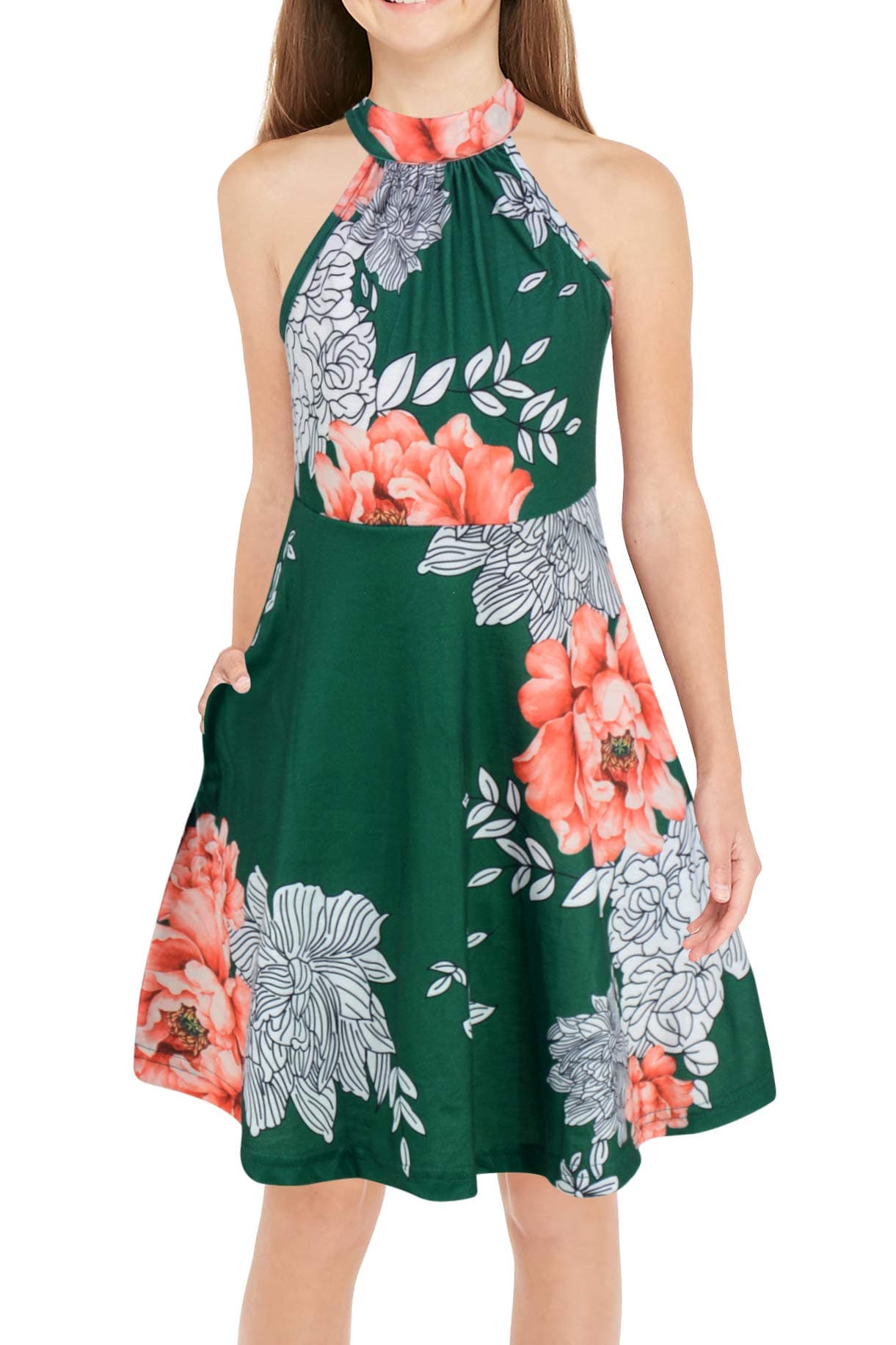 GORLYA Girl's Halter Neck Cold Shoulder Sleeveless Summer Casual Sundress A-line Dress with Pockets for 4-12 Years