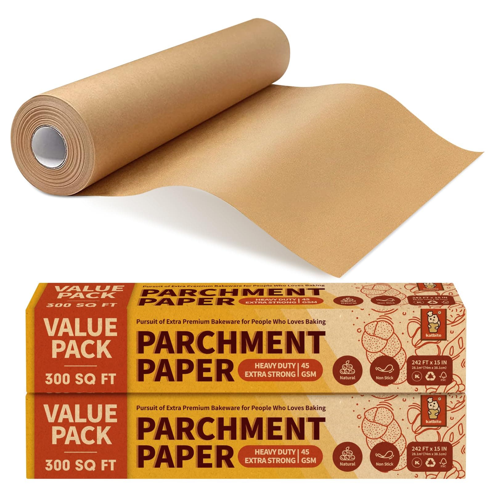 katbite 2 Value Pack 15in x 242ft, 300 Sq.Ft Unbleached Parchment Paper Roll for Baking, Parchment Baking Paper with Serrated Cutter, Non-stick Parchment Roll for Cooking, Air Fryer, Steaming, Bread
