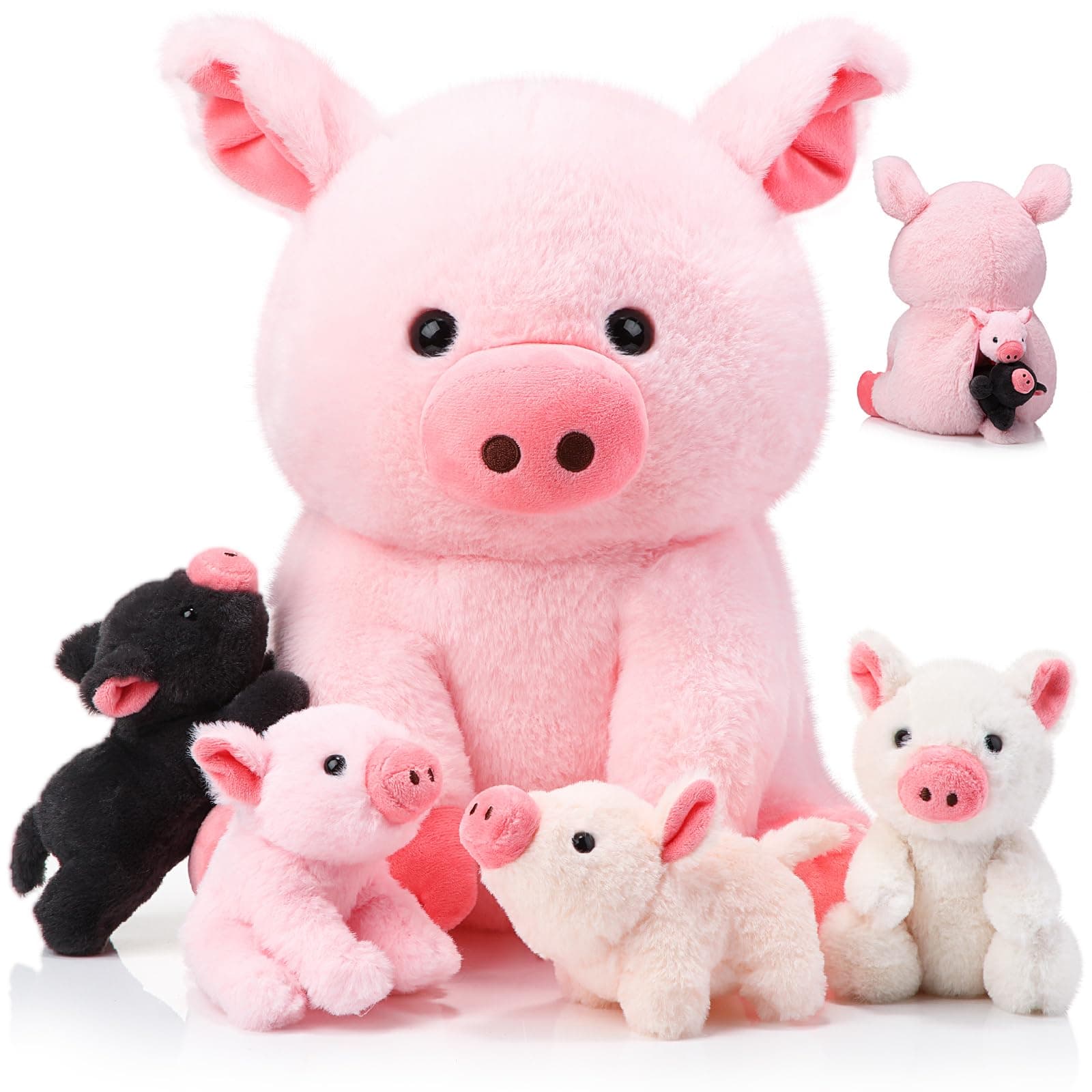 5 Pcs Pig Stuffed Animals, 12 Inch Large Plush Mommy Pig with 4 Little Baby in Mother Belly, Gifts for Mothers, Boys and Girls' Graduation Birthday Party Favors(Sitting)
