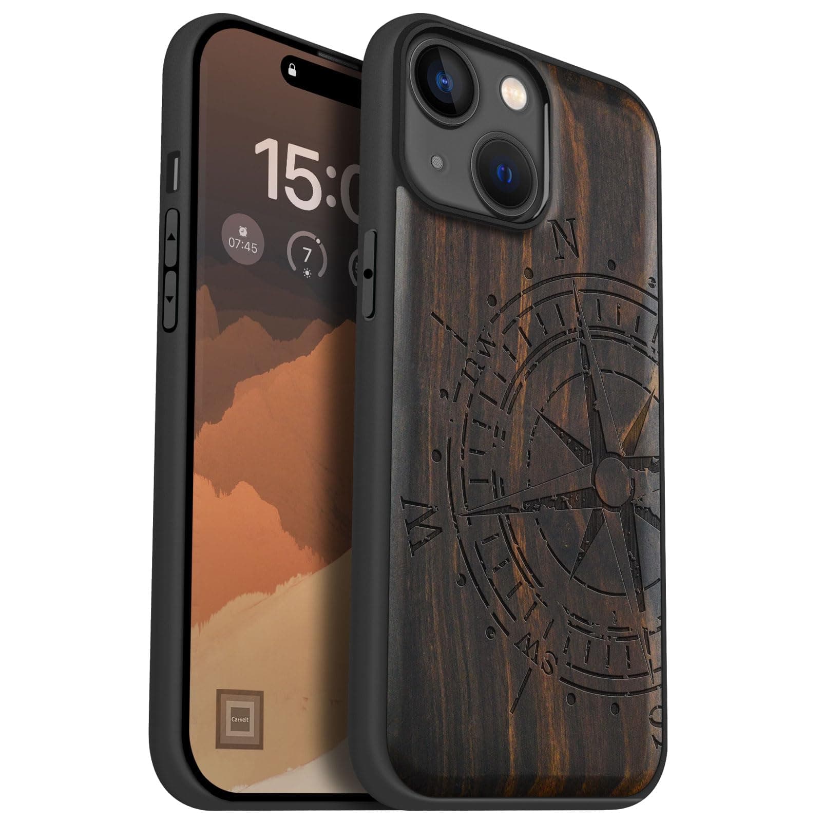 - Carveit Magnetic Wooden Case for iPhone 15 Case, Compatible with MagSafe Wireless Chargers, Black Soft TPU Shockproof Cover & Wood Artisan Engraved (Incomplete Compass) - Blackwood