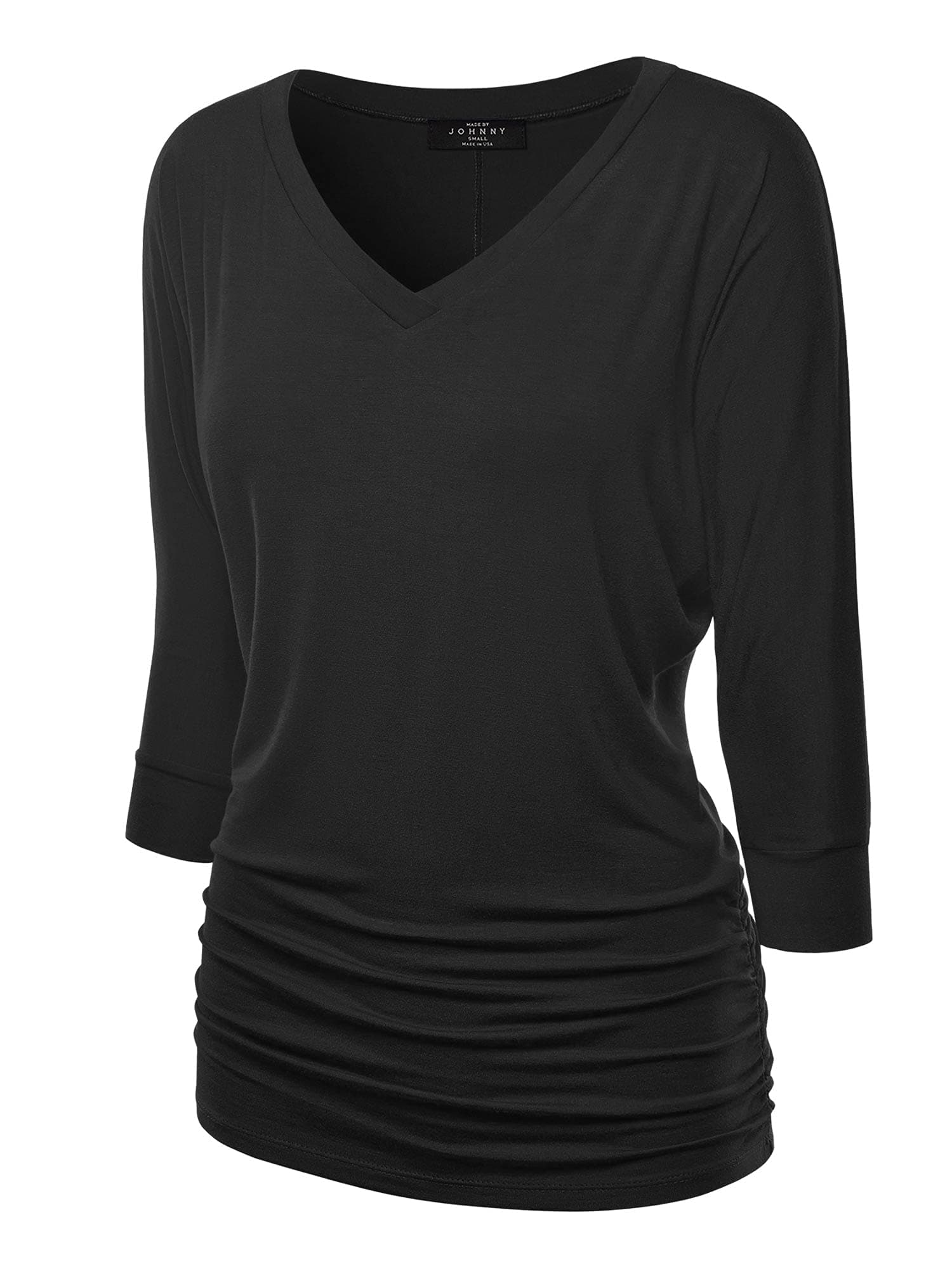 Women's Casual Boat Neck and V-Neck 3/4 Sleeve Draped Dolman Top with Side Shirring Premium Shirt