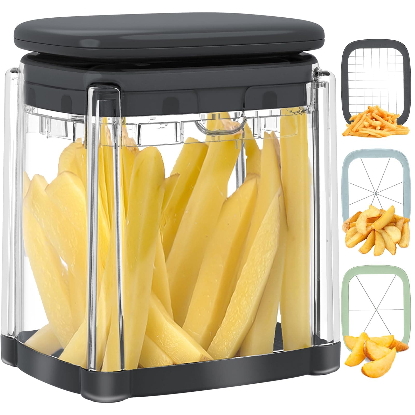 French Fry Cutter, 3-in-1 Potato Cutter for Fries, Potato French Fry Onion Cutter, Food Chopper Manual Hand Vegetable Cutter Dicer Apple Slicer, 3 Blades(NOT For Sweet Potatoes)