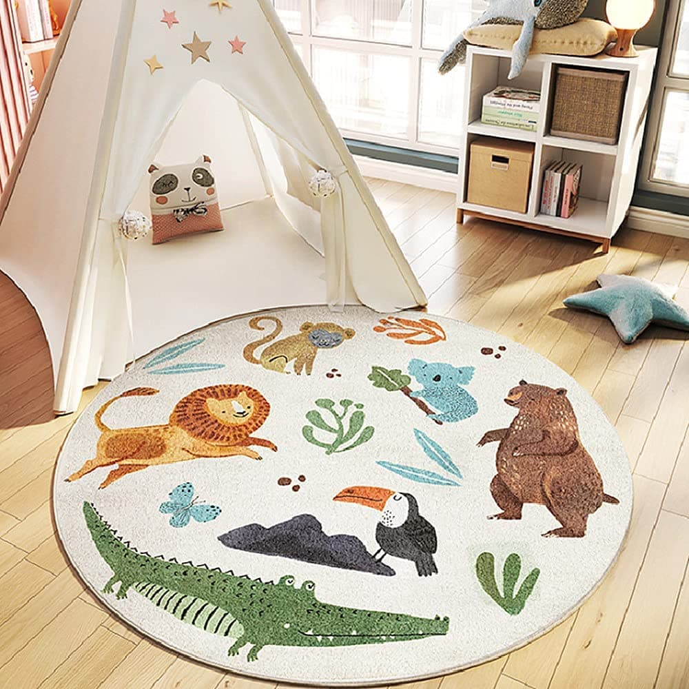Mofish Anti-Slip Thickened Round Kids Rug, Cute Soft Animal Plush Cartoon Kids Carpet, Children's Crawling Rug Children's Play Mat for Kindergarten Nursery Bedroom Living Room (A, 100 * 100cm)