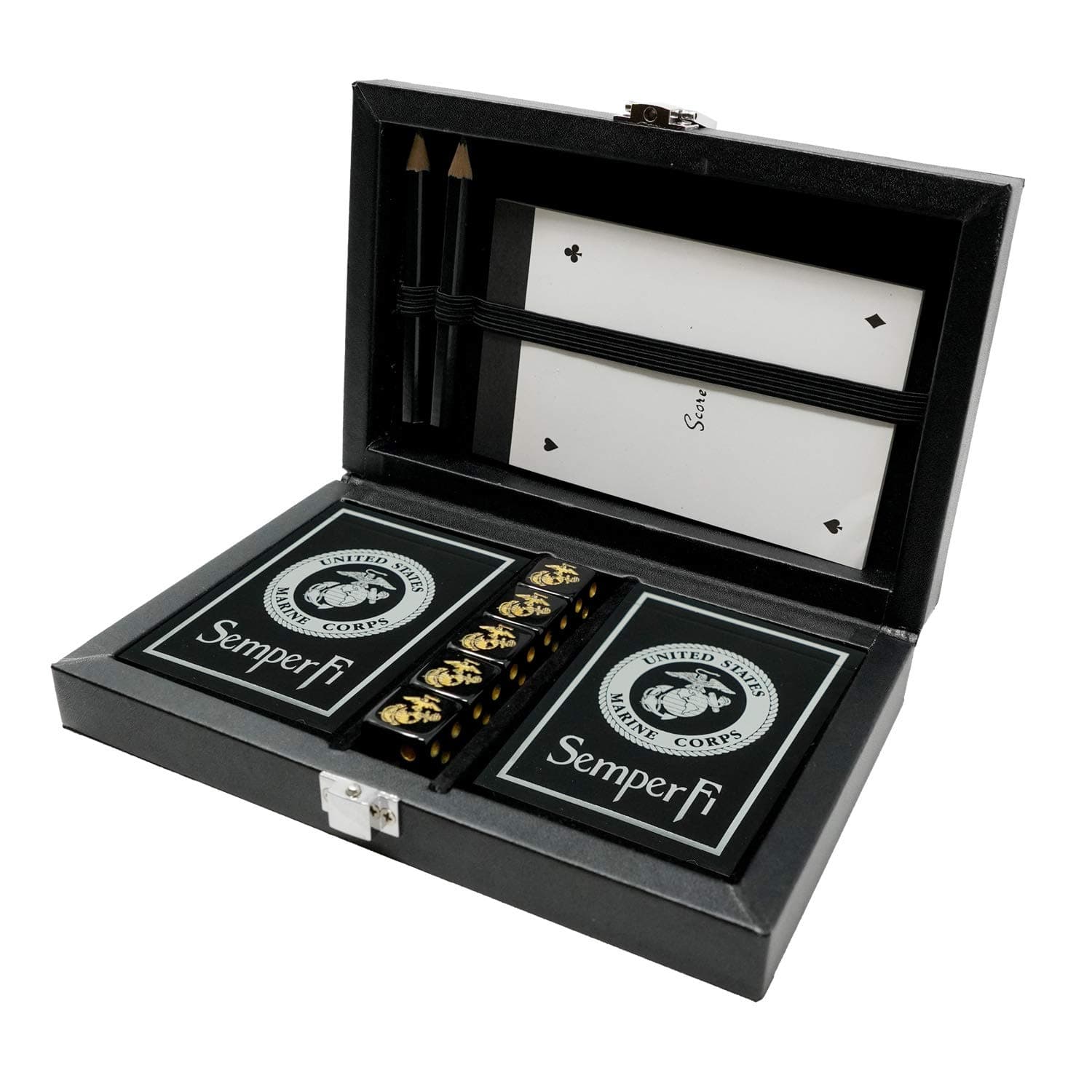 - Military Gift Shop Marine Corps Playing Cards and Dice Set – Black Leather Keepsake Box, Playing Cards with USMC Rank Insignia, EGA Dice | USMC B&S Card Set