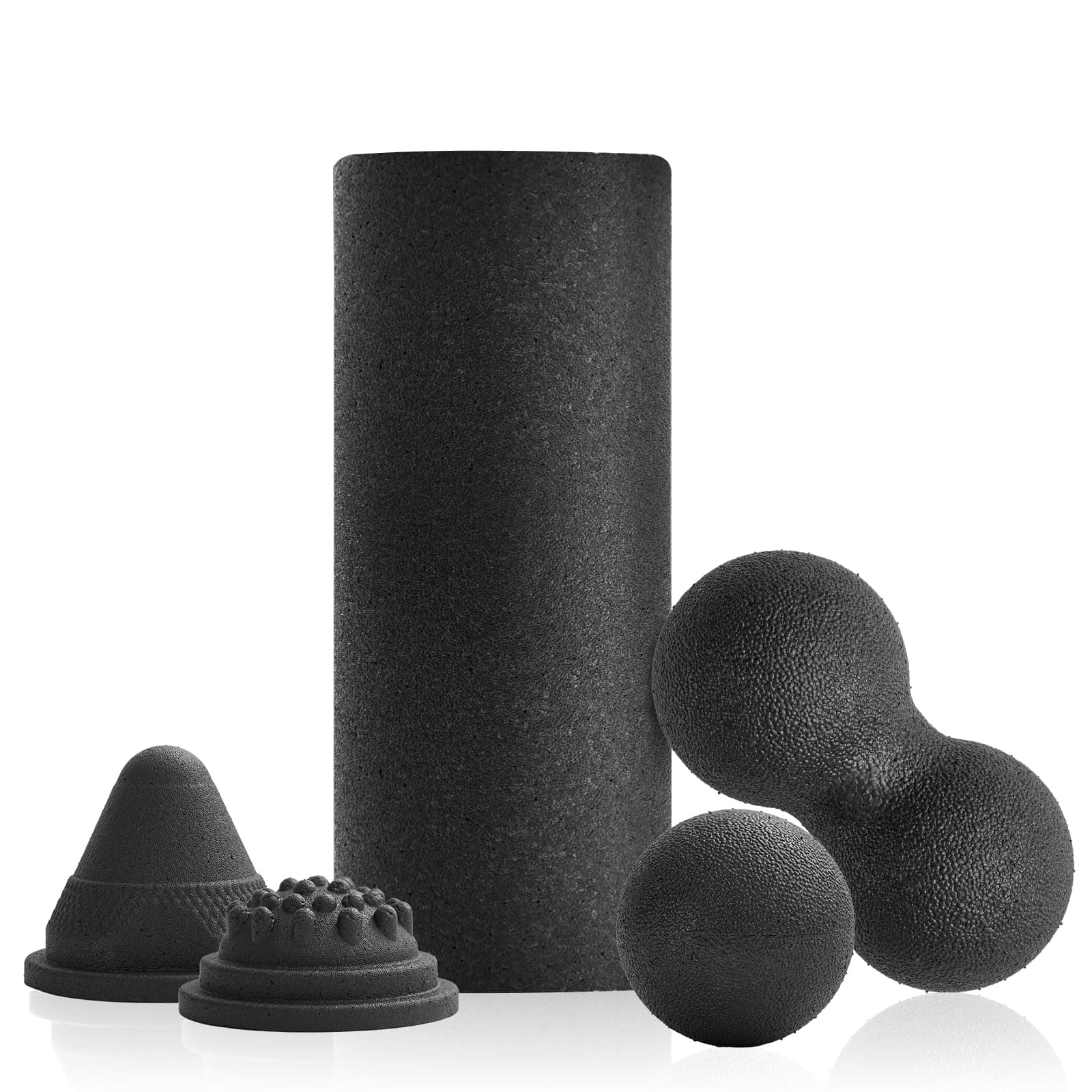 5 in 1 Foam Roller Set with Peanut Massage Ball, Curved Muscle Brush - Yoga Roller, Massage Ball, Trigger Point Triangle for Deep Tissue Relief (Black)