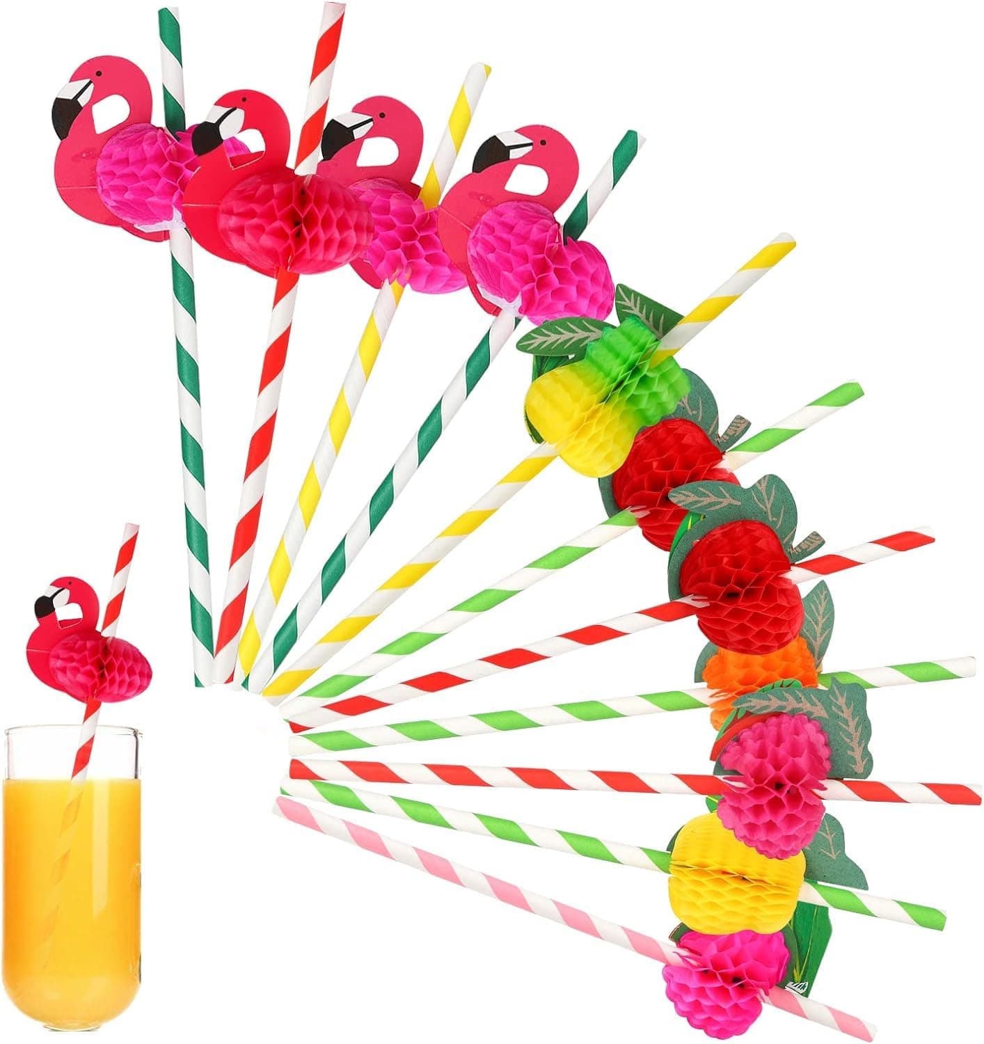 SYOSI Drink Straws,100Pcs Flamingo Paper Straws Tropical Fruit Drinking Straws Decorative for Tropical Summer Pool Wedding Beach Baby Birthday Party Decoration Supplies, 2 Style, 50 Pcs Per Style