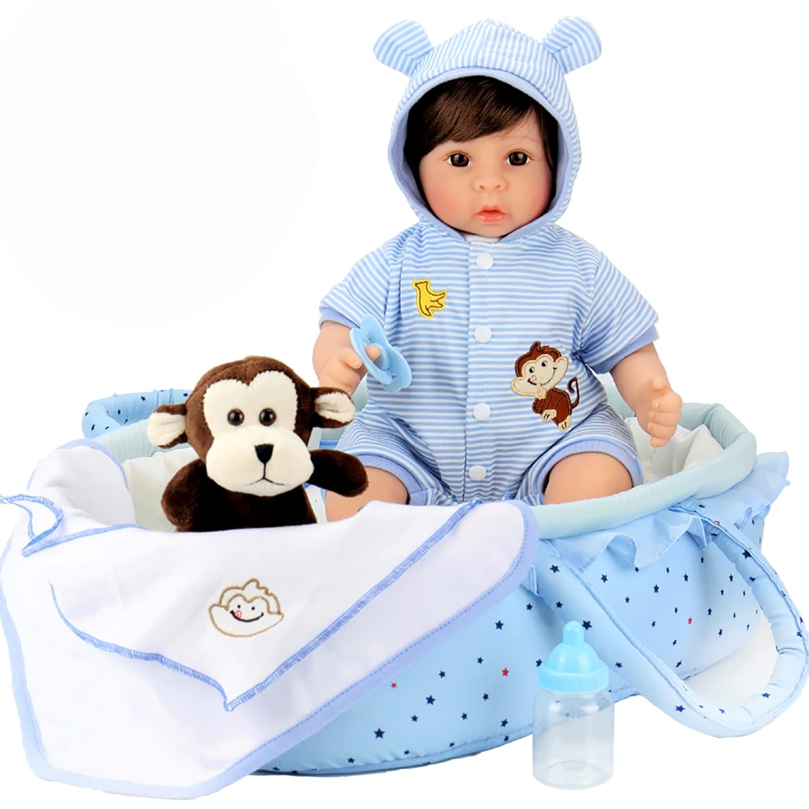 Aori Reborn Baby Doll 18 inch Lifelike Baby Boy Doll with Monkey Gift Sets-8-Piece with a Baby Carrier/Bassinet