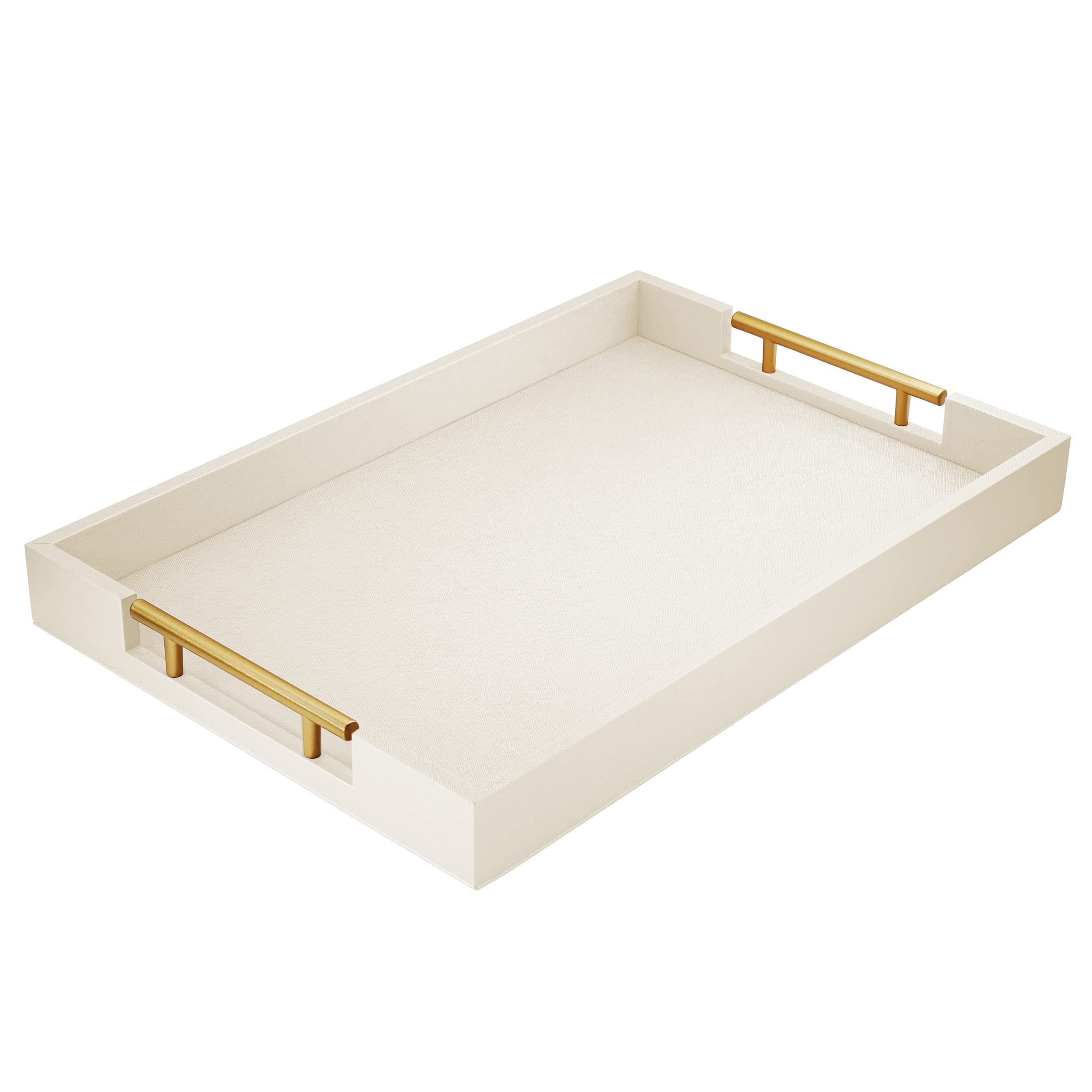 17" x 12" Wood Serving Tray with Gold Polished Metal Handles, Home Decorative Wooden Rectangle Ottoman Leather Decor Platter Bathroom Vanity Tray for All Occasions White