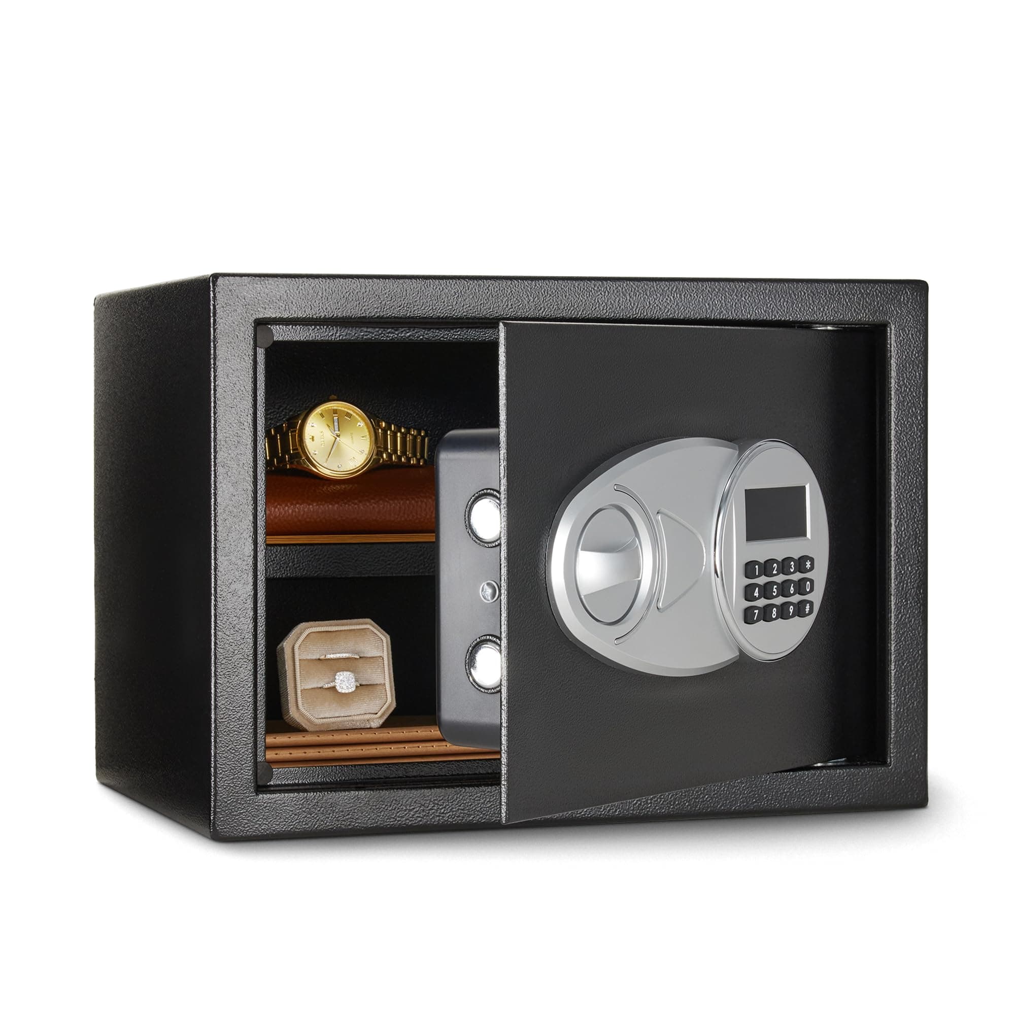 Steel Security Safe and Lock Box with Electronic Keypad, Secure Documents Storage, Black, 0.5 Cubic Feet, 13.8"W x 9.8"D x 9.8"H, Removable Shelf