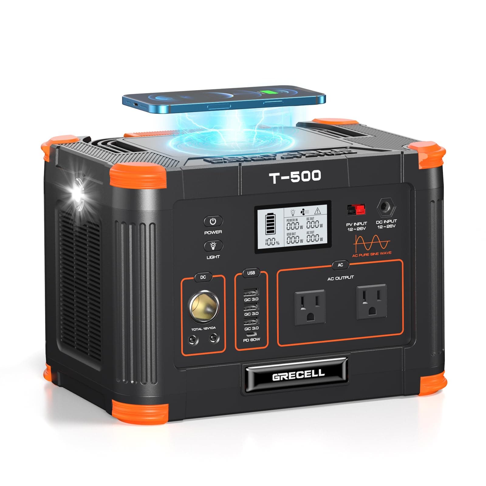 GRECELL Portable Power Station 500W, 519Wh/140400mAh Solar Generator Backup Lithium Battery Pack Power Supply with 2 AC Outlets, PD 60W USB-C Power bank for Outdoor RV Camping Home Outage Emergency