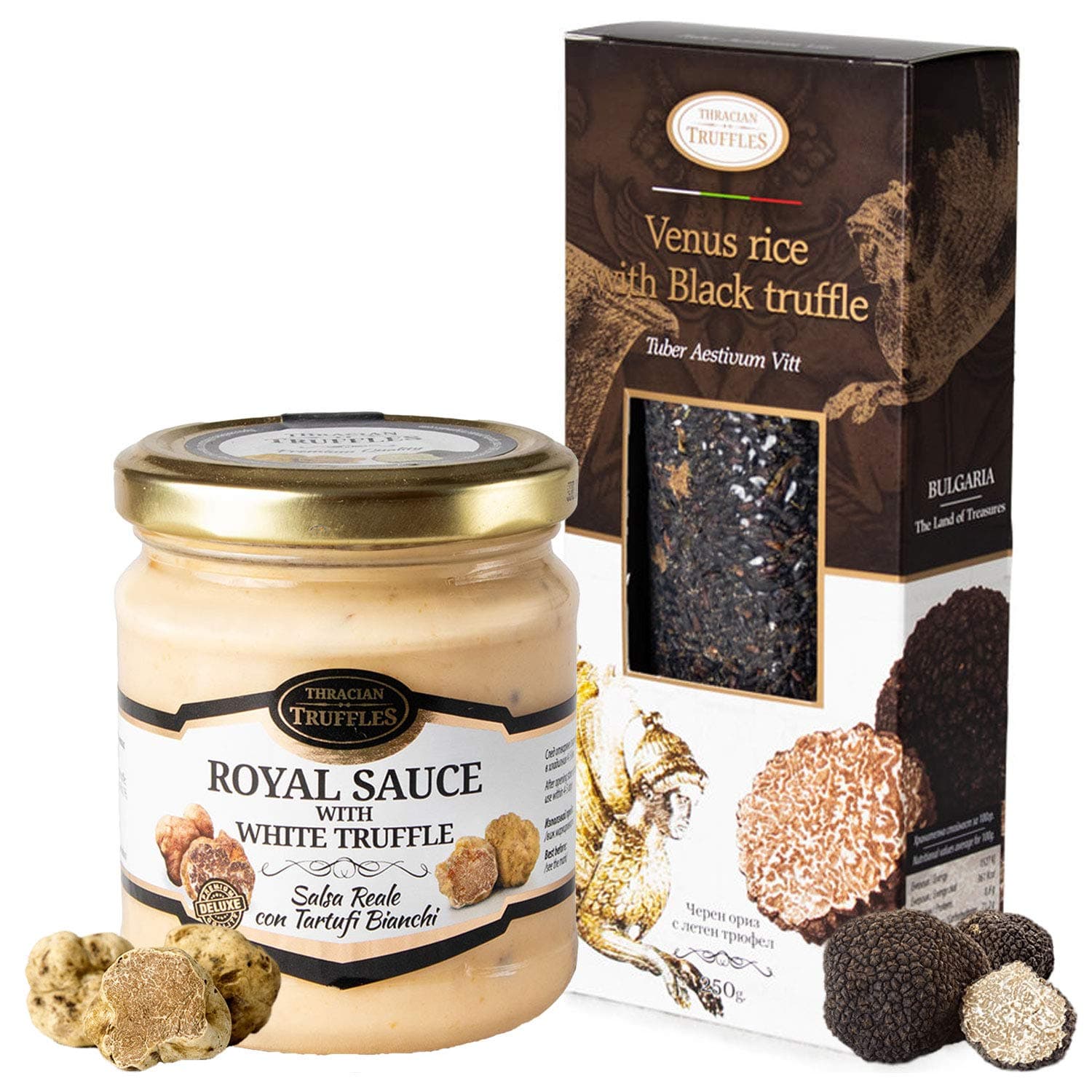 Black Venus Rice with Black Summer Truffle Tuber Aestivum Rich in Weight Body Control 250g and White Truffle Tuber borchii 👑 Tuber MAGNATUM PICO 👑 Royal 👑 Gourmet Sauce with Cream and Cheese 180g
