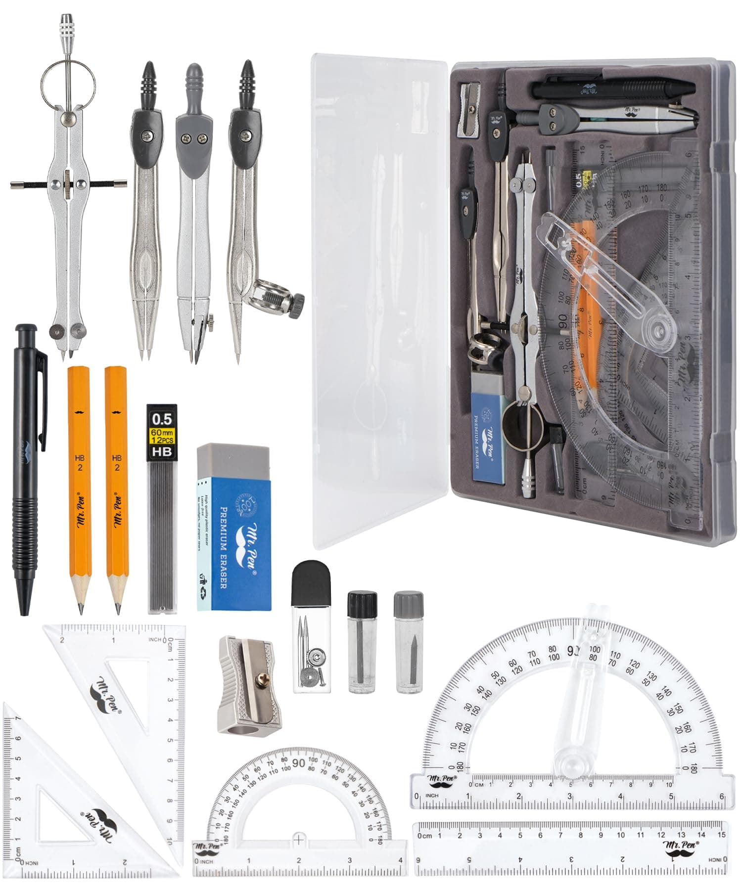 Geometry Set with 6 Inch Swing Arm Protractor, Divider, Set Squares, Ruler, Compasses and Protractor, 15 Piece Set