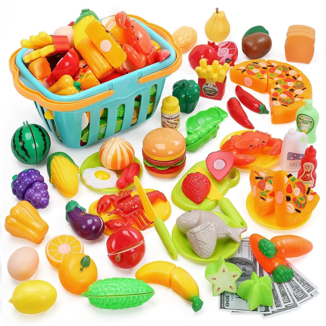 HOLYFUN 100 PCS Cutting Play Food Toy for Kids Kitchen, Pretend Fruit & Vegetables Accessories with Shopping Basket, Plastic Mini Dishes, Play Money, Perfect Educational Toy for Toddlers Boys & Girls