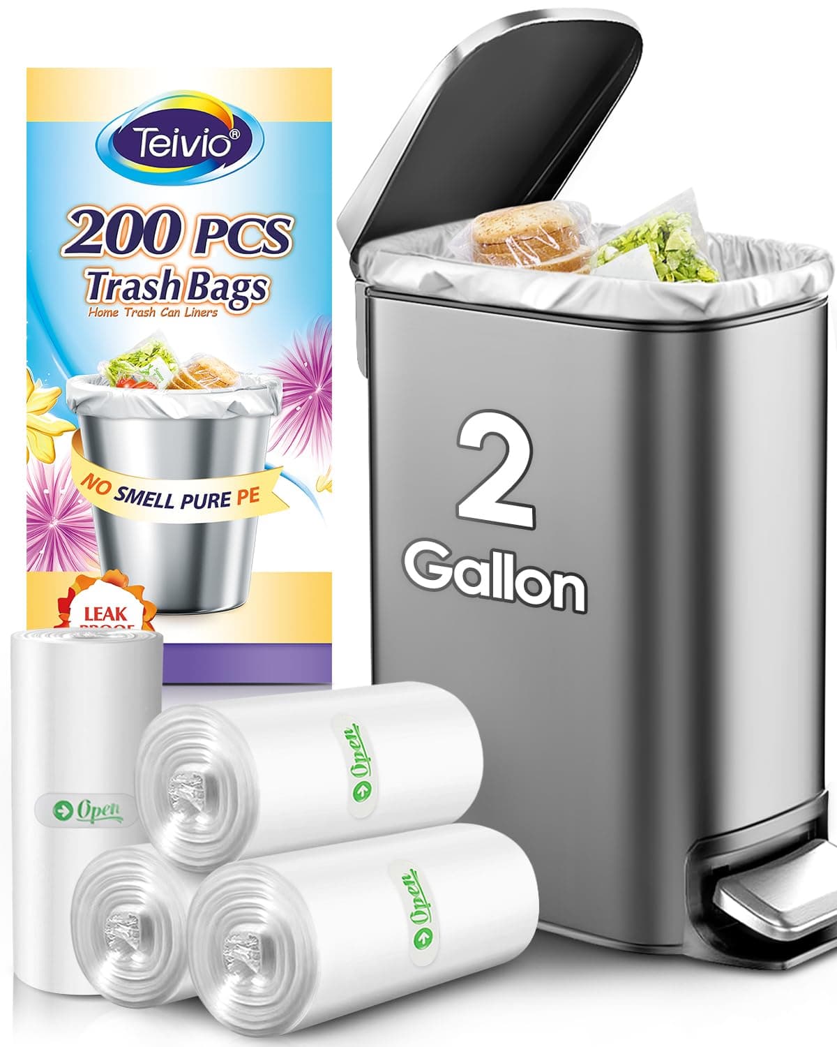 Teivio 6 Liter 200 Counts Strong Trash Bags 2 Gallon Garbage Bags, Bathroom Trash Can Bin Liners, Small Plastic Bags for Home Office Kitchen Kitchen,5-6 Liter (Clear)