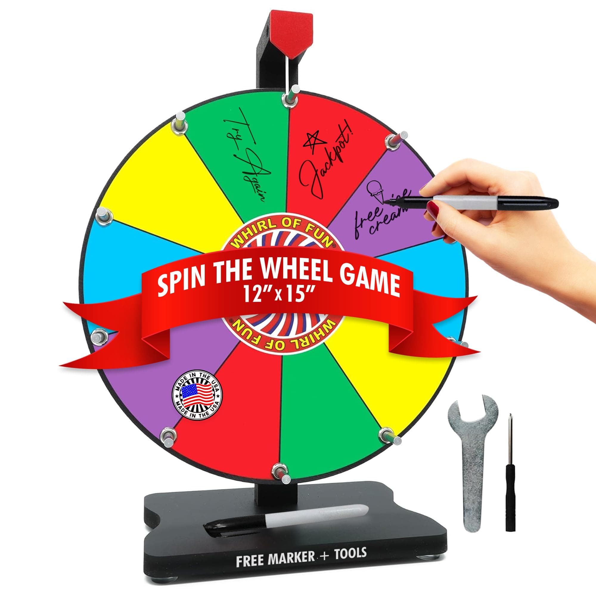 12 inch Prize Wheel - Spinning Wheel for Prizes with Stand, 10 Color Slots, Heavy Duty, Dry Erase Surface, Portable, Carnival Games, Tools Marker Included, Made in USA