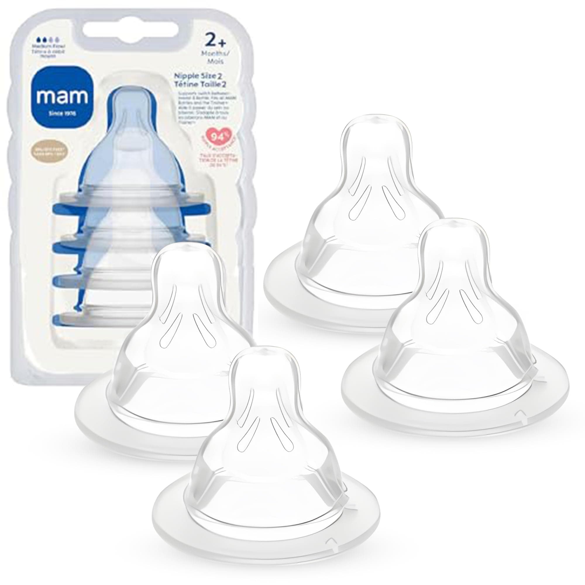 Baby Bottle Nipples Medium Flow Size 2, for 2+ Month Babies, Skin Soft BPA Free Silicone, 94% Nipple Acceptance, Fits All MAM Bottles, Developed with Medical Experts, 4 Pack, Made in Europe