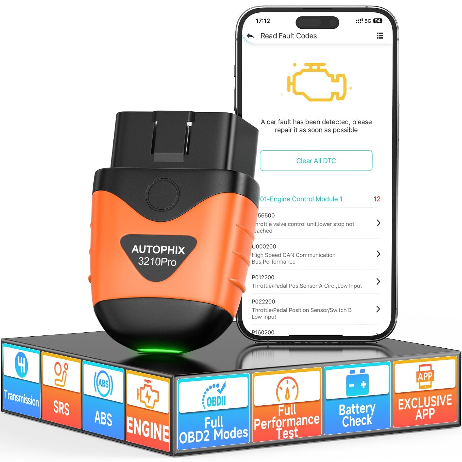 3210 Pro OBD2 Scanner Bluetooth - Check All Engine Fault Codes for All 1996+ Vehicles - Easy DIY Car Scanner with Battery & Performance Test, No Subscription Fee for iPhone & Android