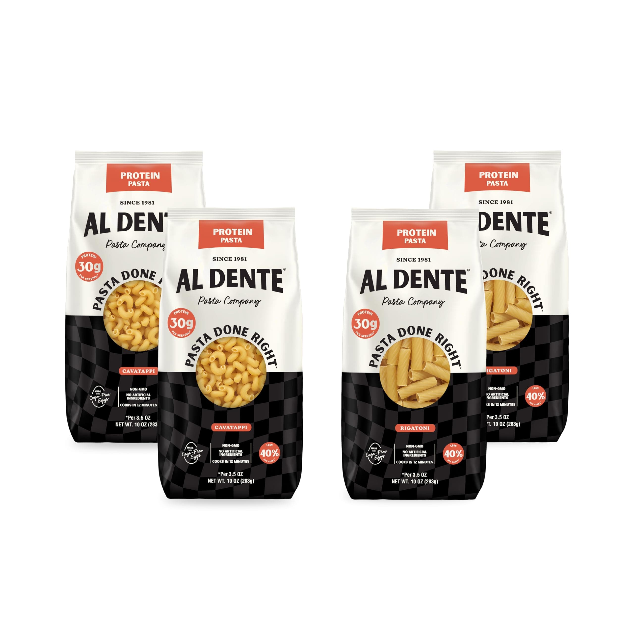 AL DENTE Carba-Nada Cavatappi & Rigatoni Variety 4-Pack, Artisanal Lower Carb Pasta, 16g High Protein, Non-GMO, Cage Free Eggs, Homemade Taste & Texture, (2 Bags of Each)